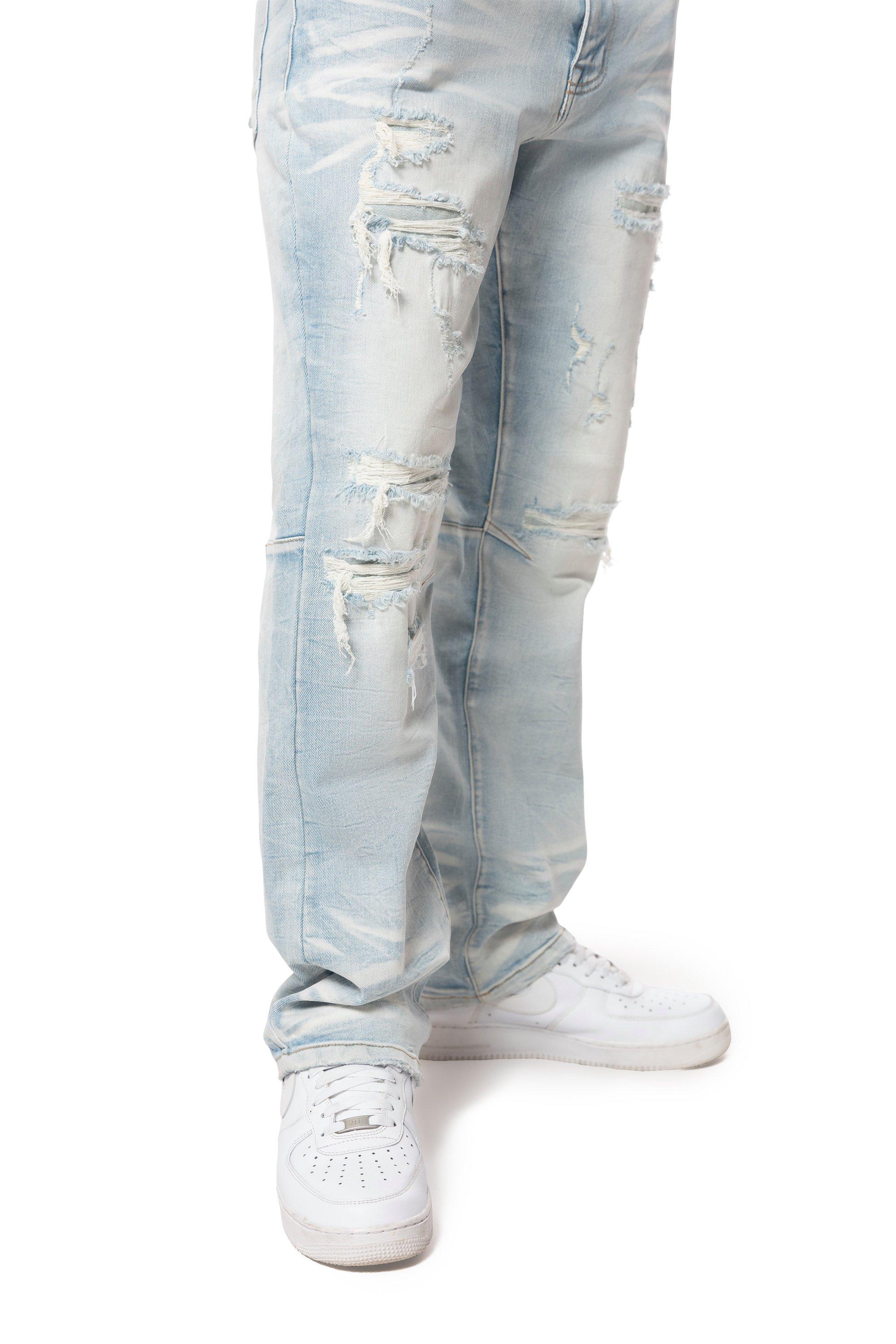 Smoke Rise Men's Rip & Repair Lightning Straight Fit Denim Jeans - Cirrus Blue - BLUE Thumbnail View 5