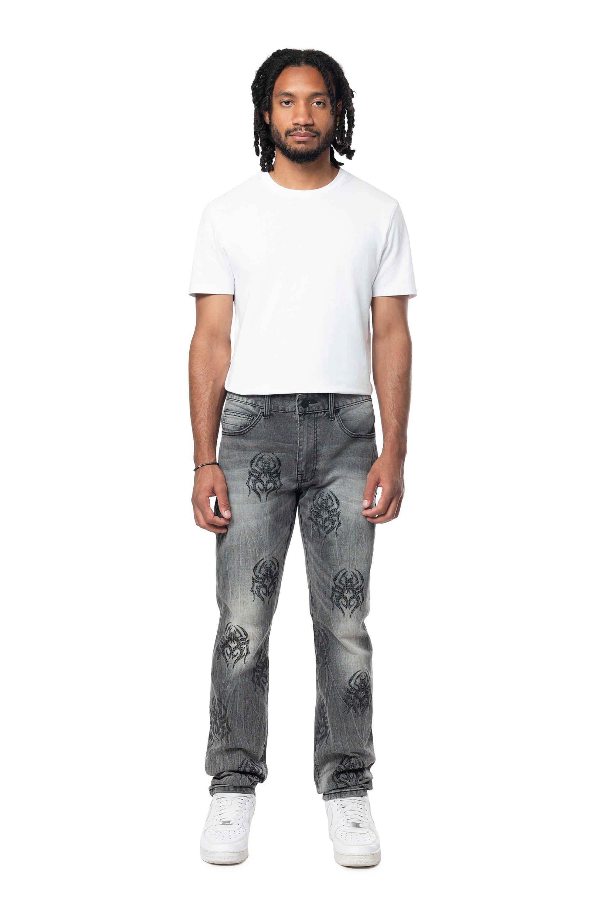 Smoke Rise Men's Spider Rhinestone Slim Fit Denim Jeans - GREY Thumbnail View 1