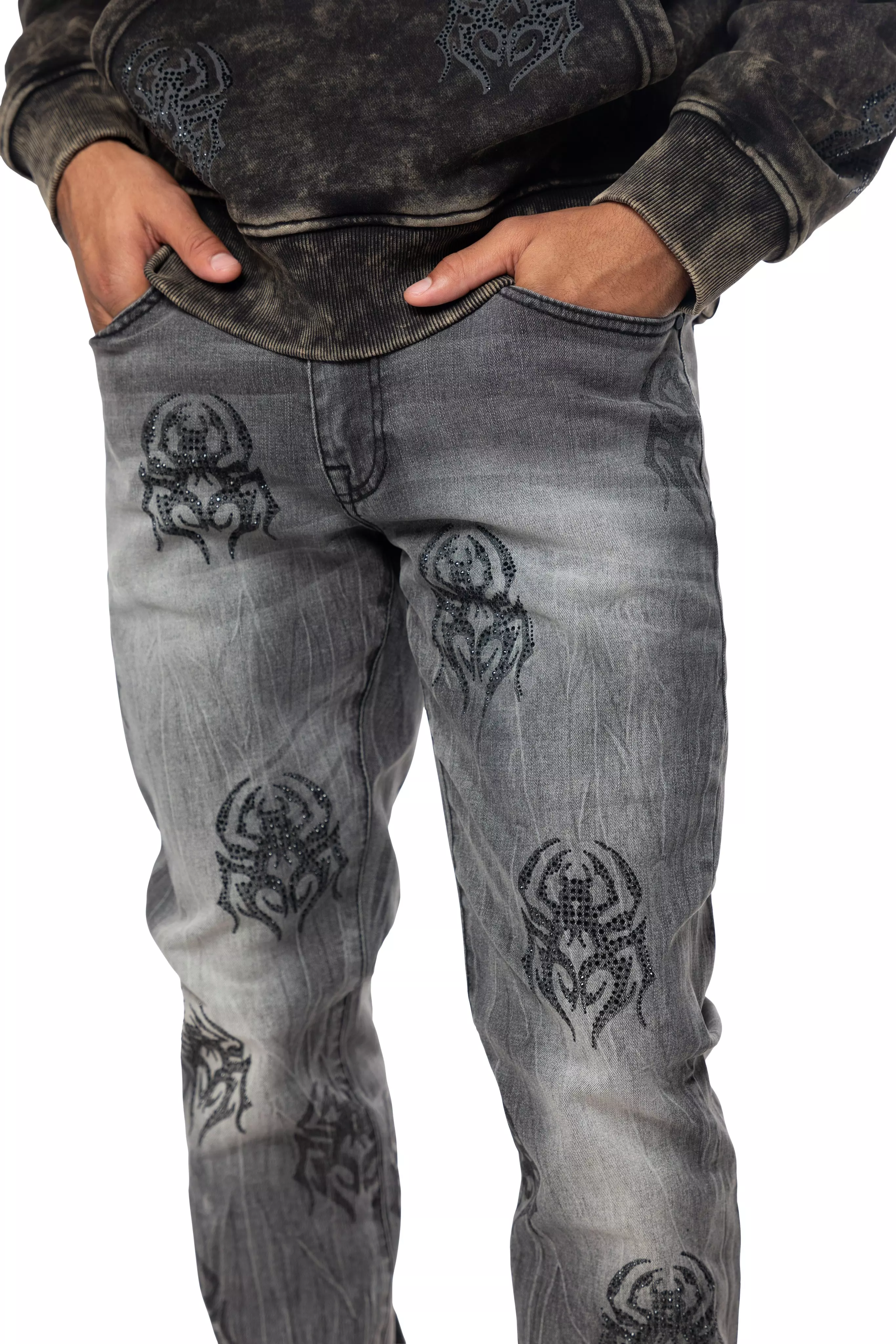 Smoke Rise Men's Spider Rhinestone Slim Fit Denim Jeans - GREY