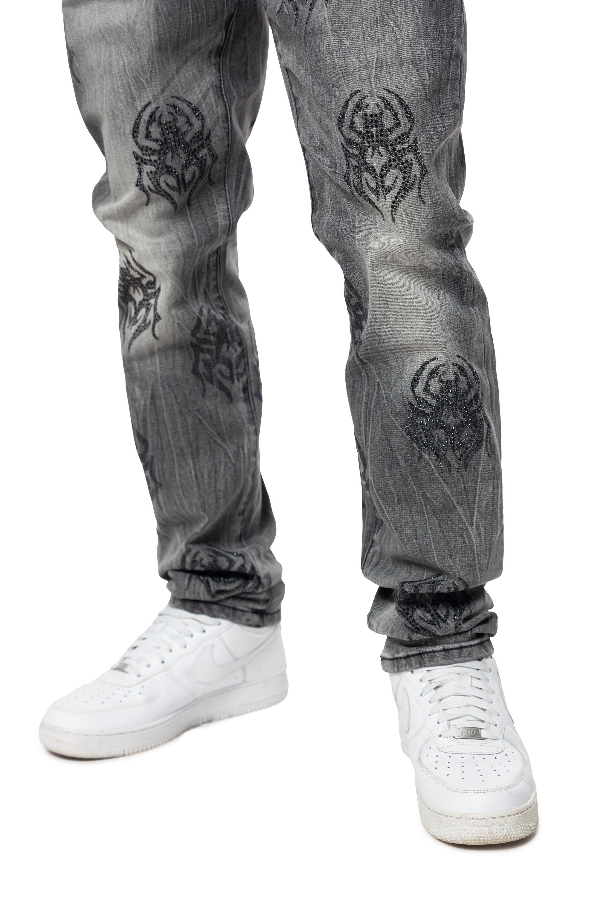 Smoke Rise Men's Spider Rhinestone Slim Fit Denim Jeans - GREY Thumbnail View 4
