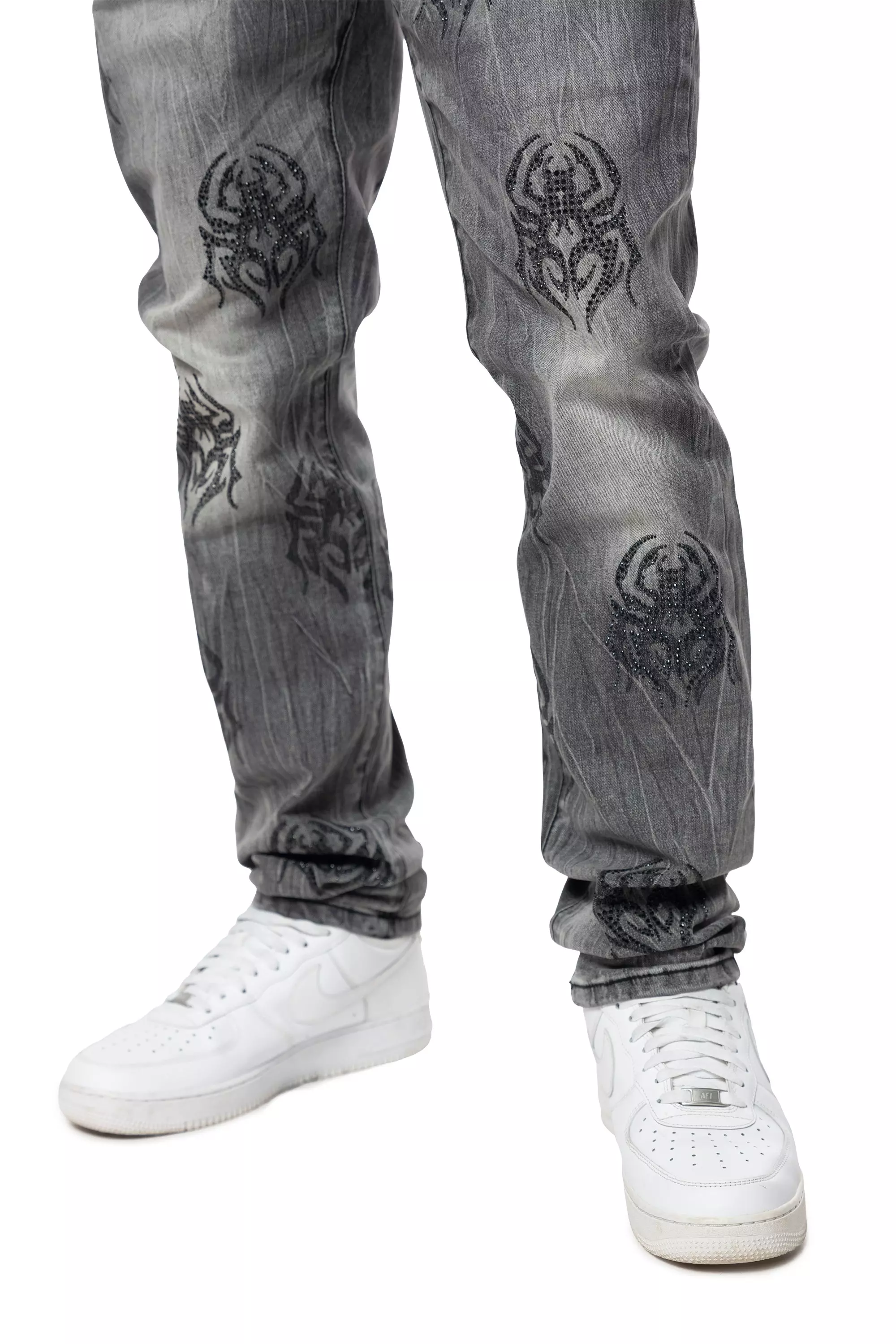 Smoke Rise Men's Spider Rhinestone Slim Fit Denim Jeans - GREY