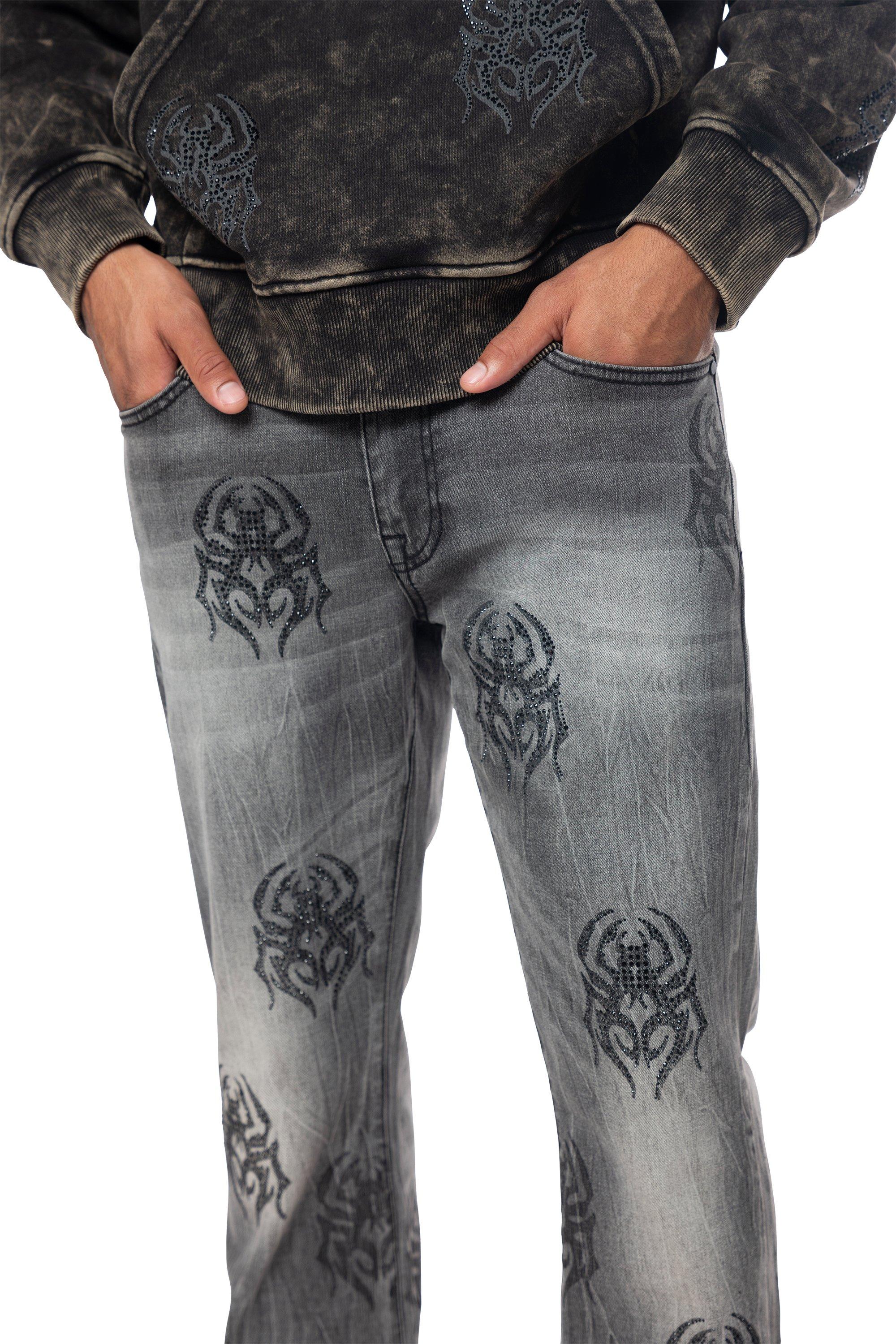 Smoke Rise Men's Spider Rhinestone Slim Fit Denim Jeans - GREY Thumbnail View 5