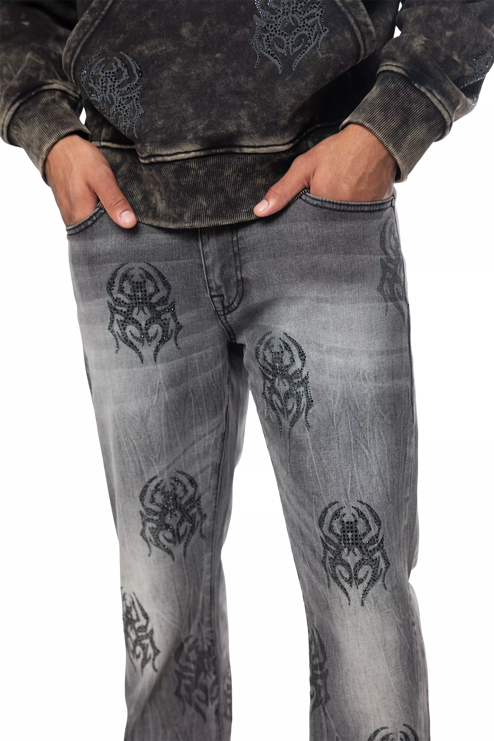Smoke Rise Men's Spider Rhinestone Slim Fit Denim Jeans - GREY