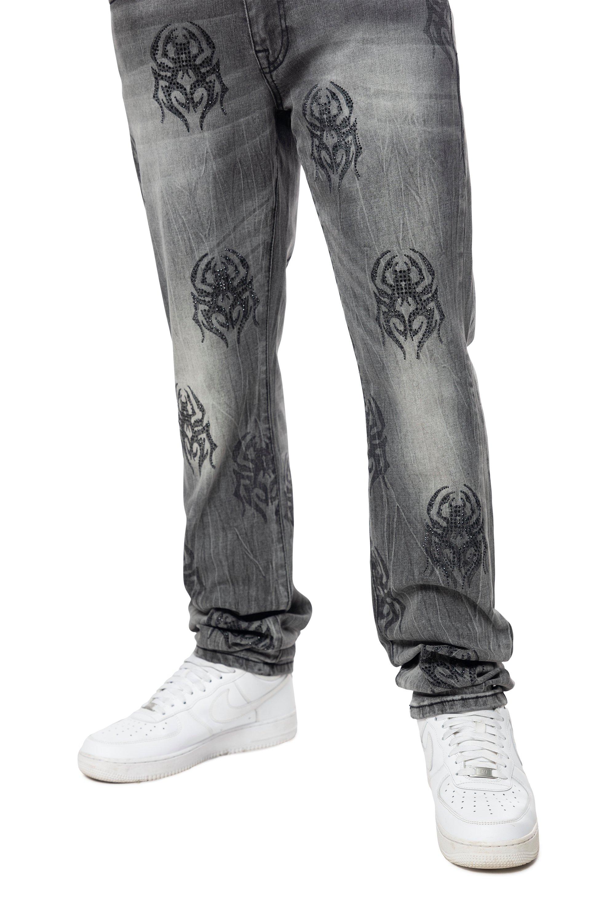 Smoke Rise Men's Spider Rhinestone Slim Fit Denim Jeans - GREY Thumbnail View 6