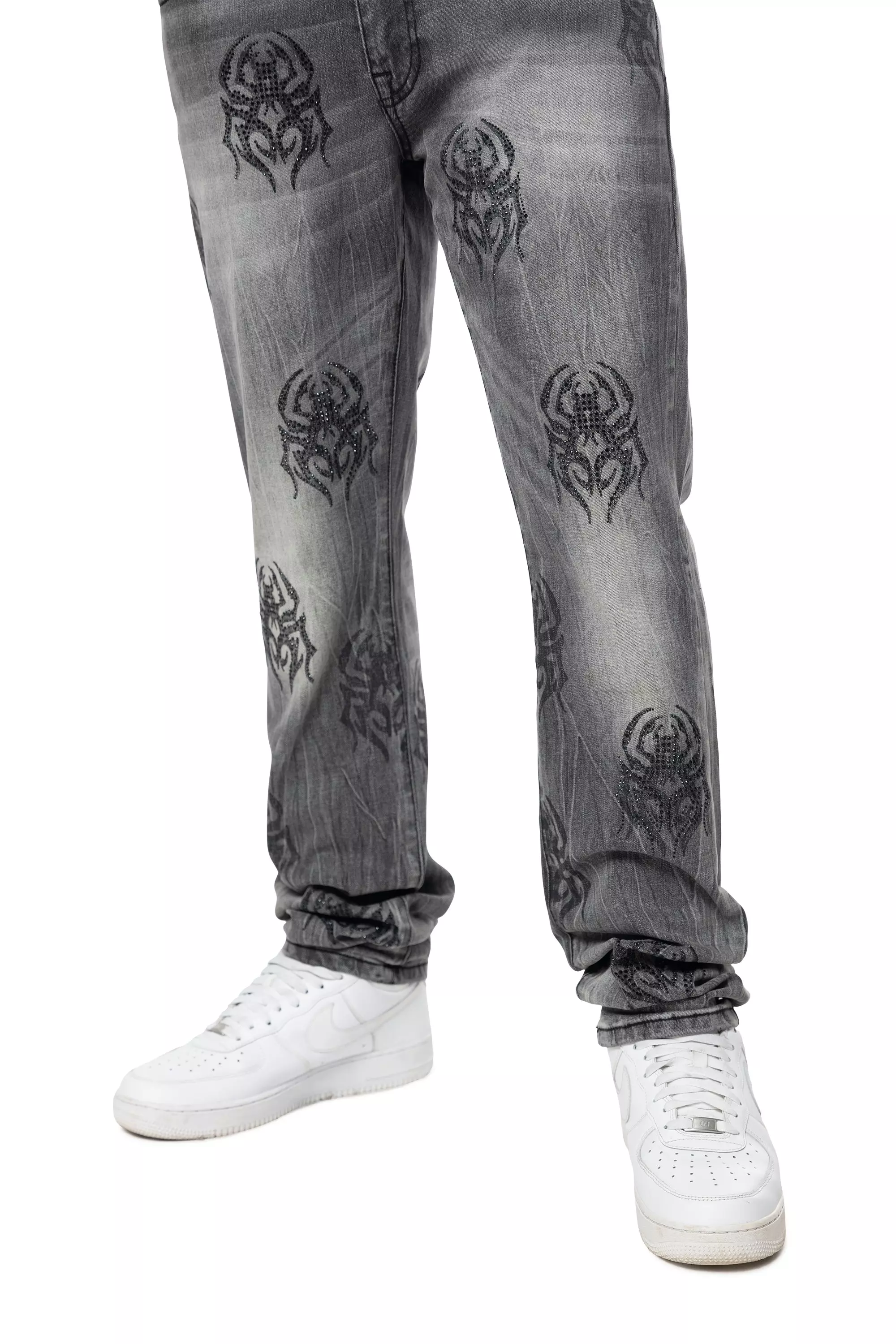 Smoke Rise Men's Spider Rhinestone Slim Fit Denim Jeans - GREY