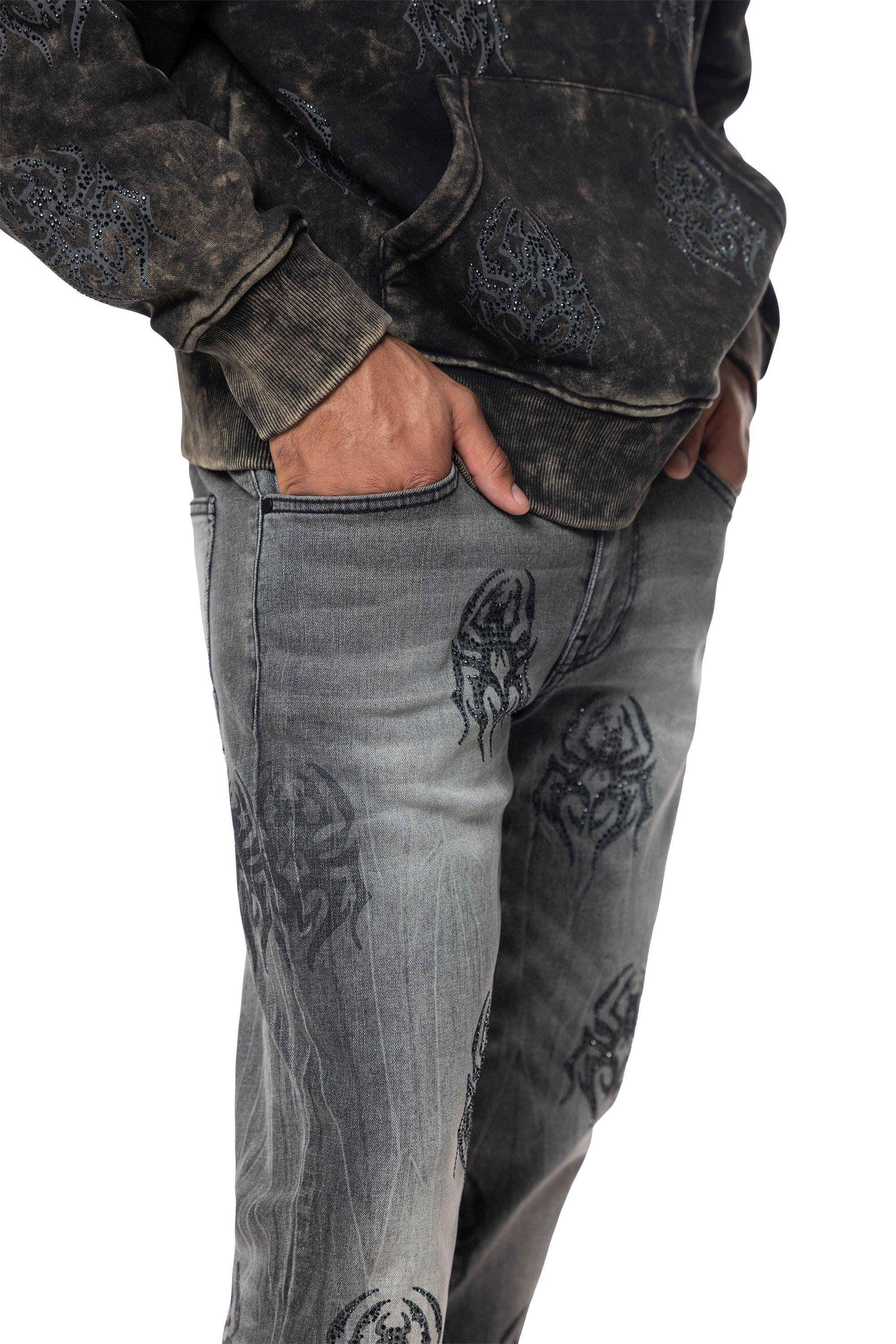 Smoke Rise Men's Spider Rhinestone Slim Fit Denim Jeans - GREY Thumbnail View 7