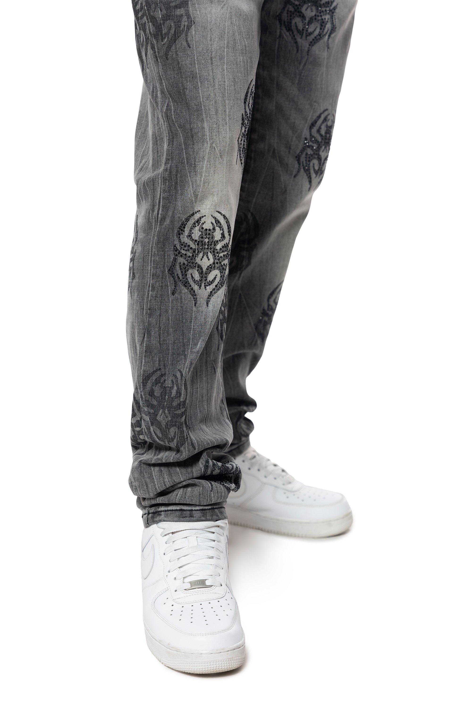 Smoke Rise Men's Spider Rhinestone Slim Fit Denim Jeans - GREY Thumbnail View 8