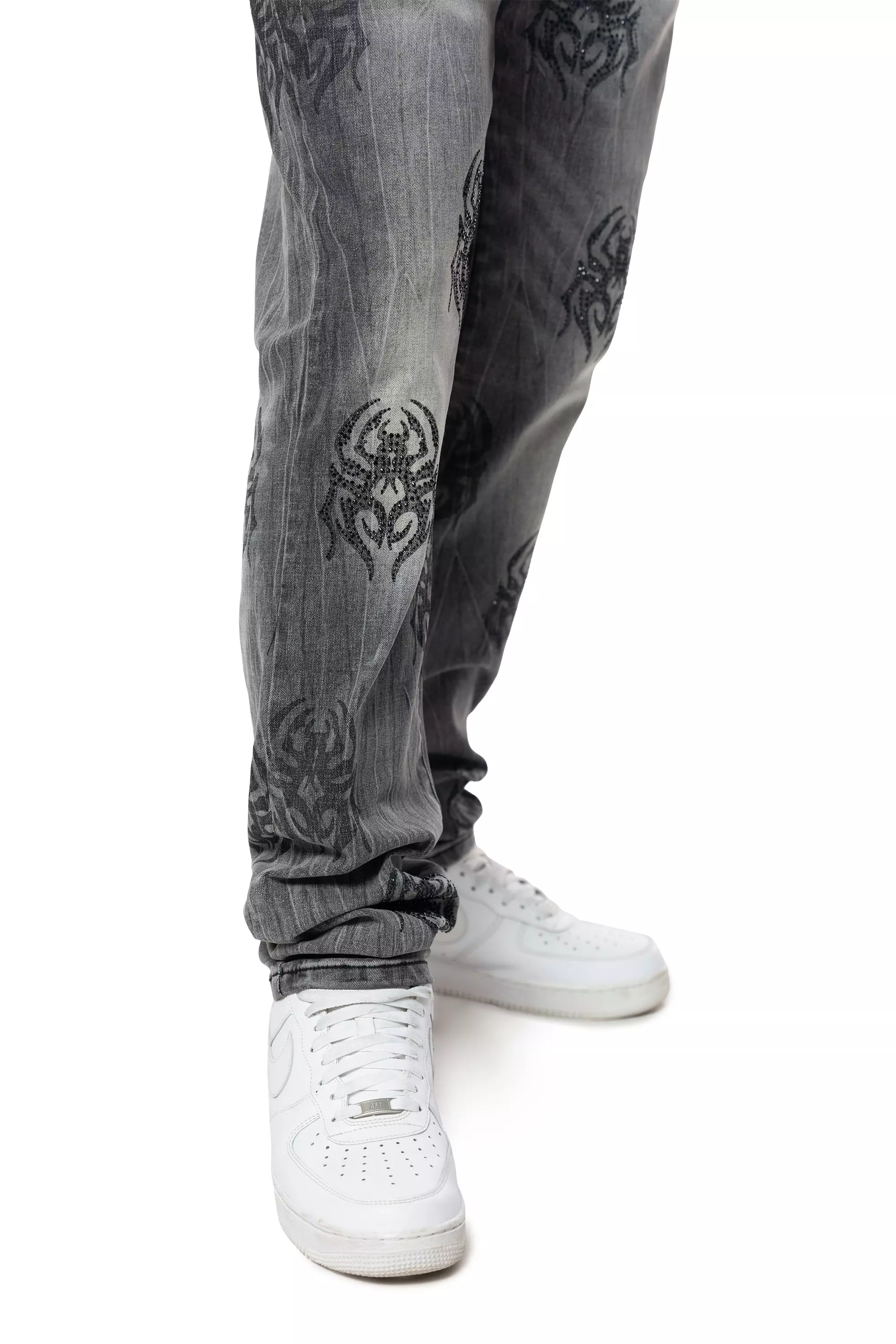 Smoke Rise Men's Spider Rhinestone Slim Fit Denim Jeans - GREY