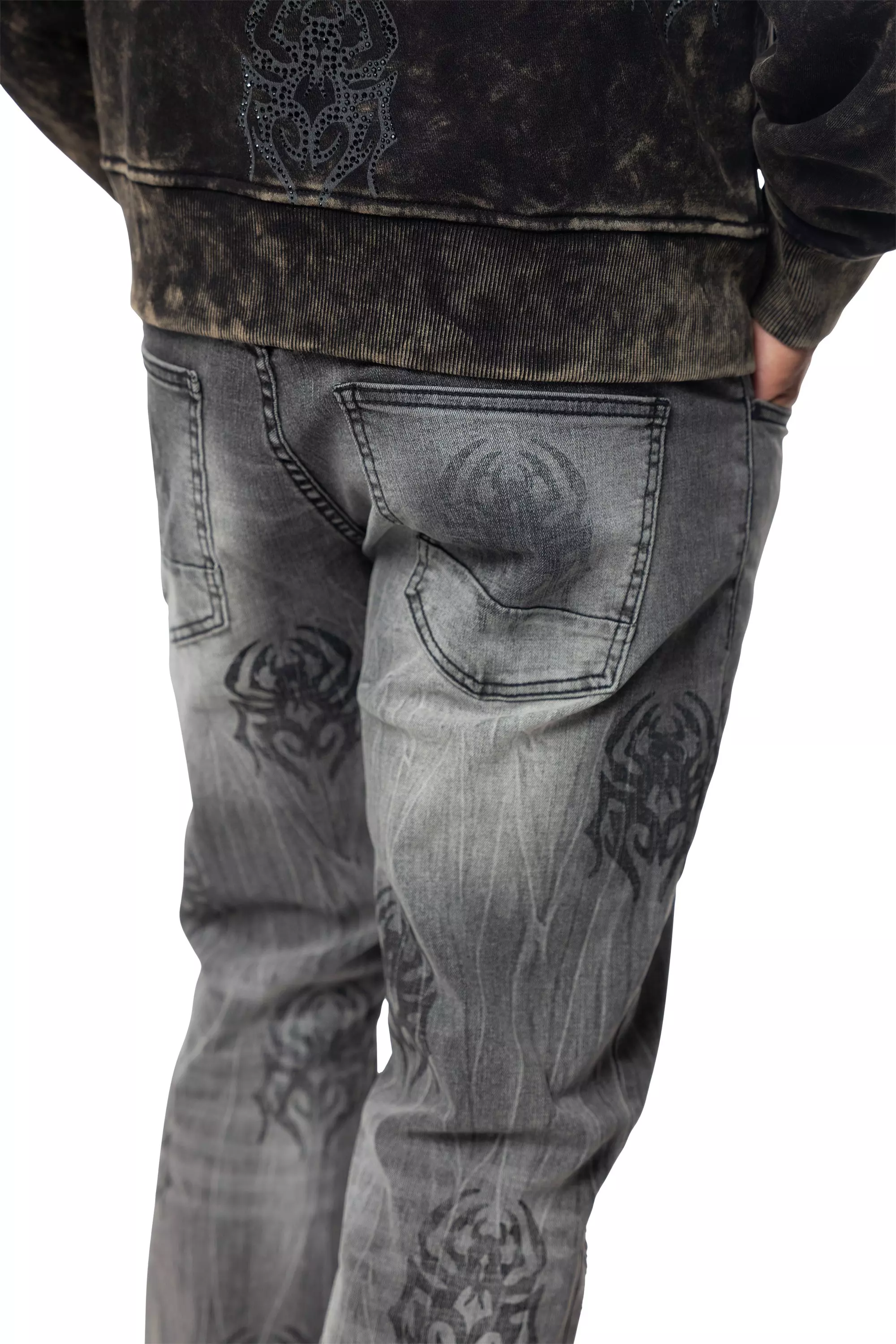 Smoke Rise Men's Spider Rhinestone Slim Fit Denim Jeans - GREY