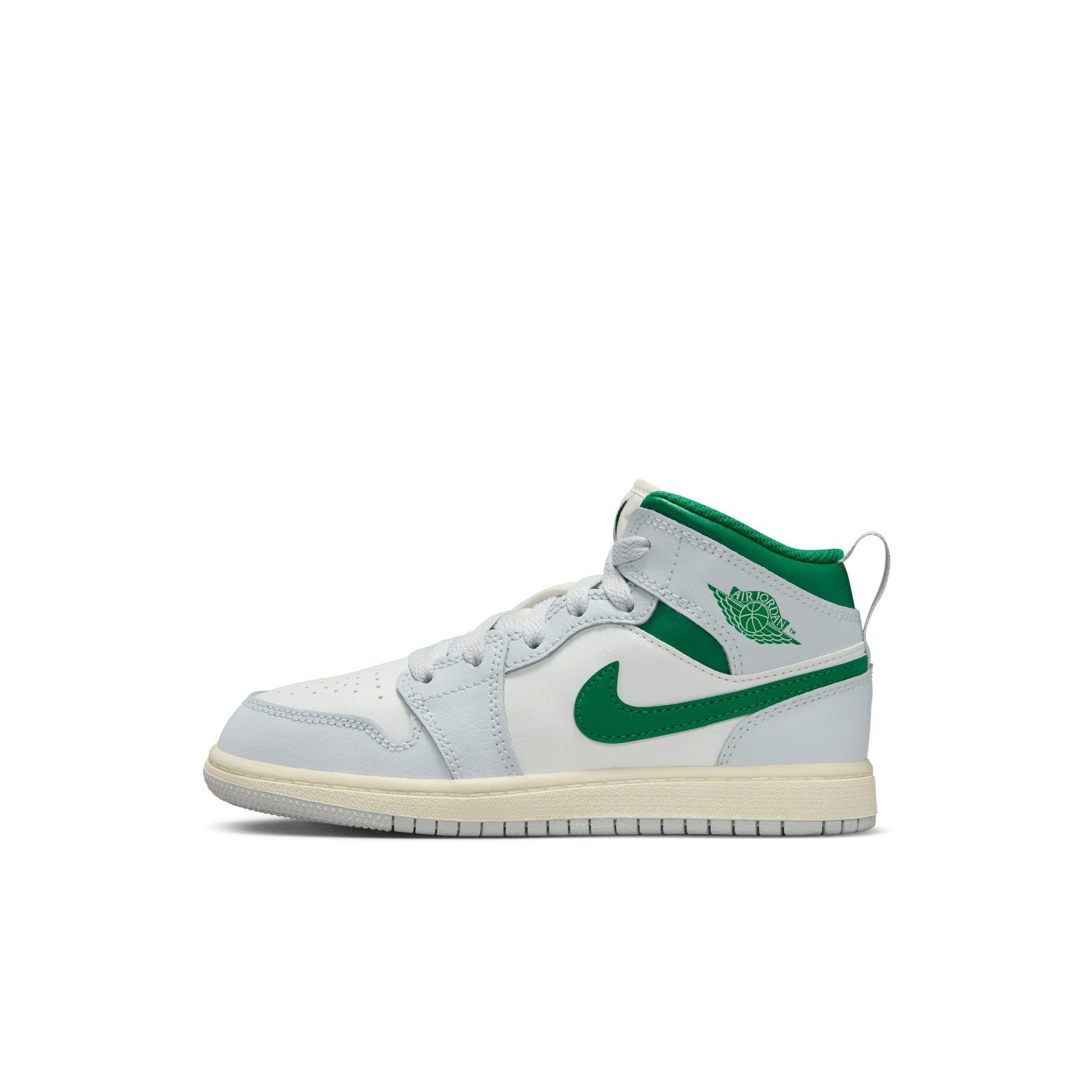 Jordan 1 Mid Preschool Boys' "Summit White/Pine Green/Pure Platinum" Shoe