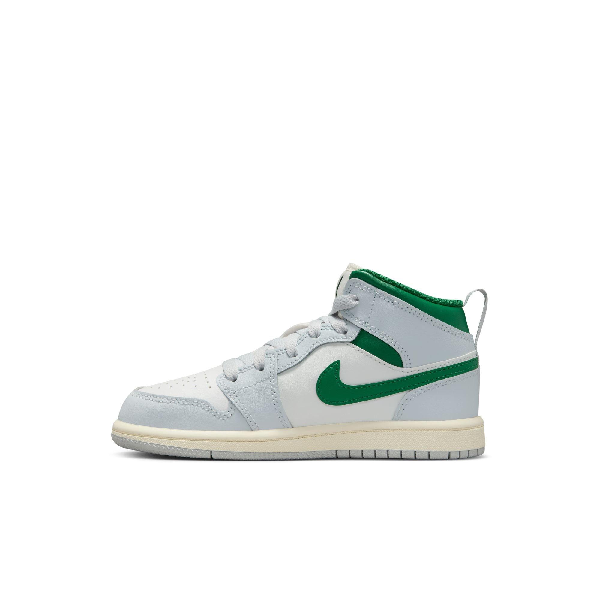 Jordan 1 Mid Preschool Boys' "Summit White/Pine Green/Pure Platinum" Shoe