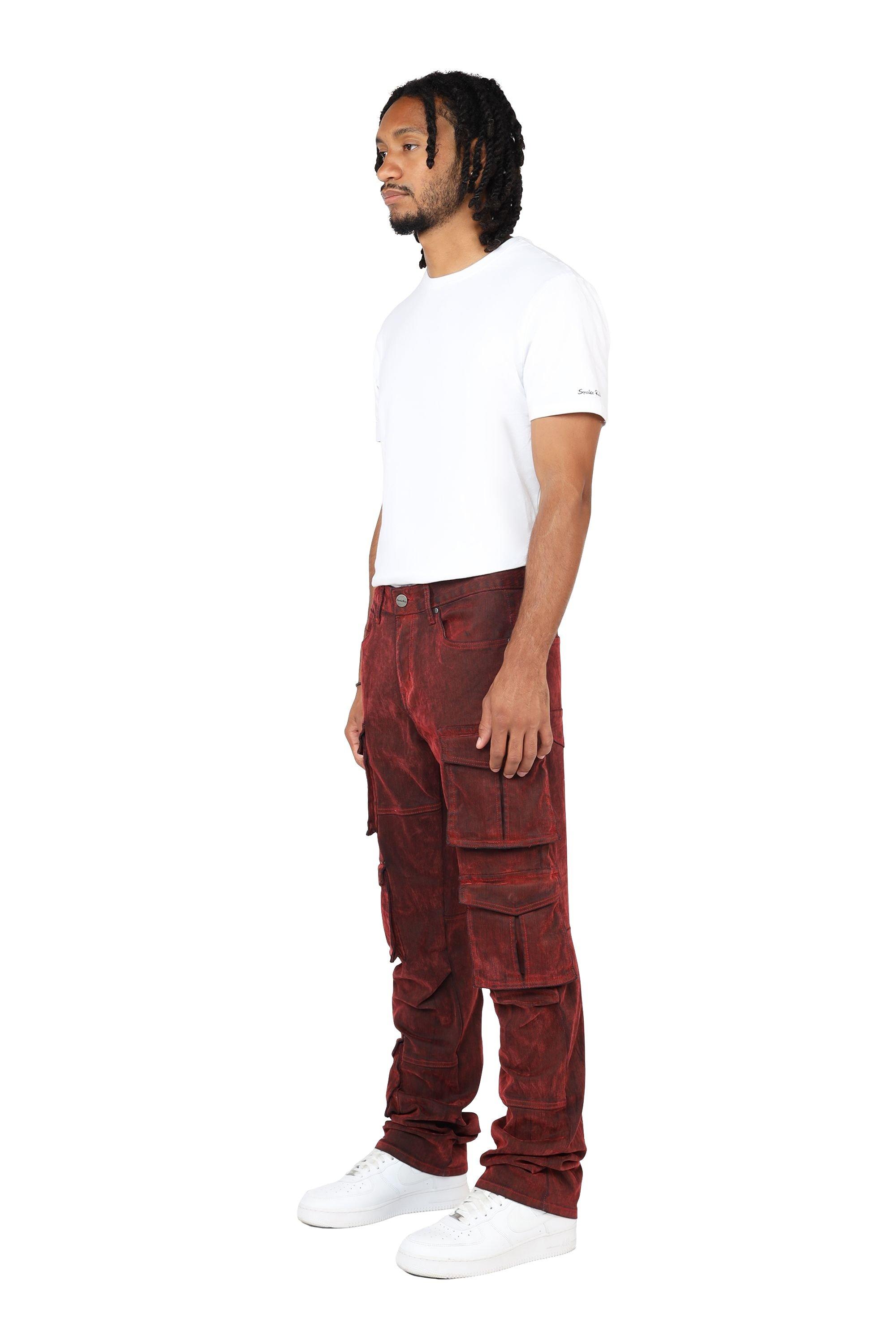 Smoke Rise Men's Straight Fit Flocked Cargo Pants - Red - RED Thumbnail View 3