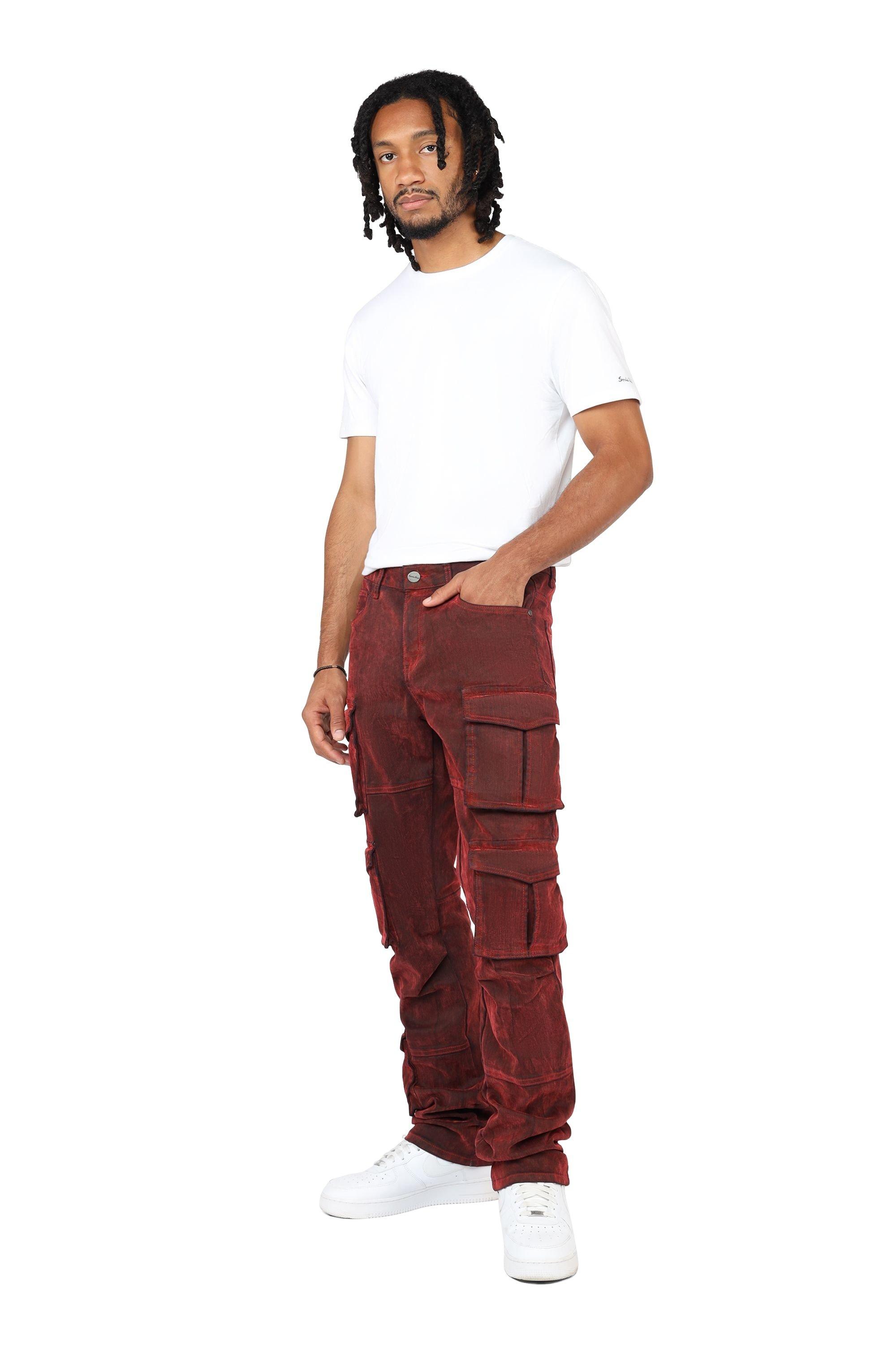 Smoke Rise Men's Straight Fit Flocked Cargo Pants - Red - RED Thumbnail View 4