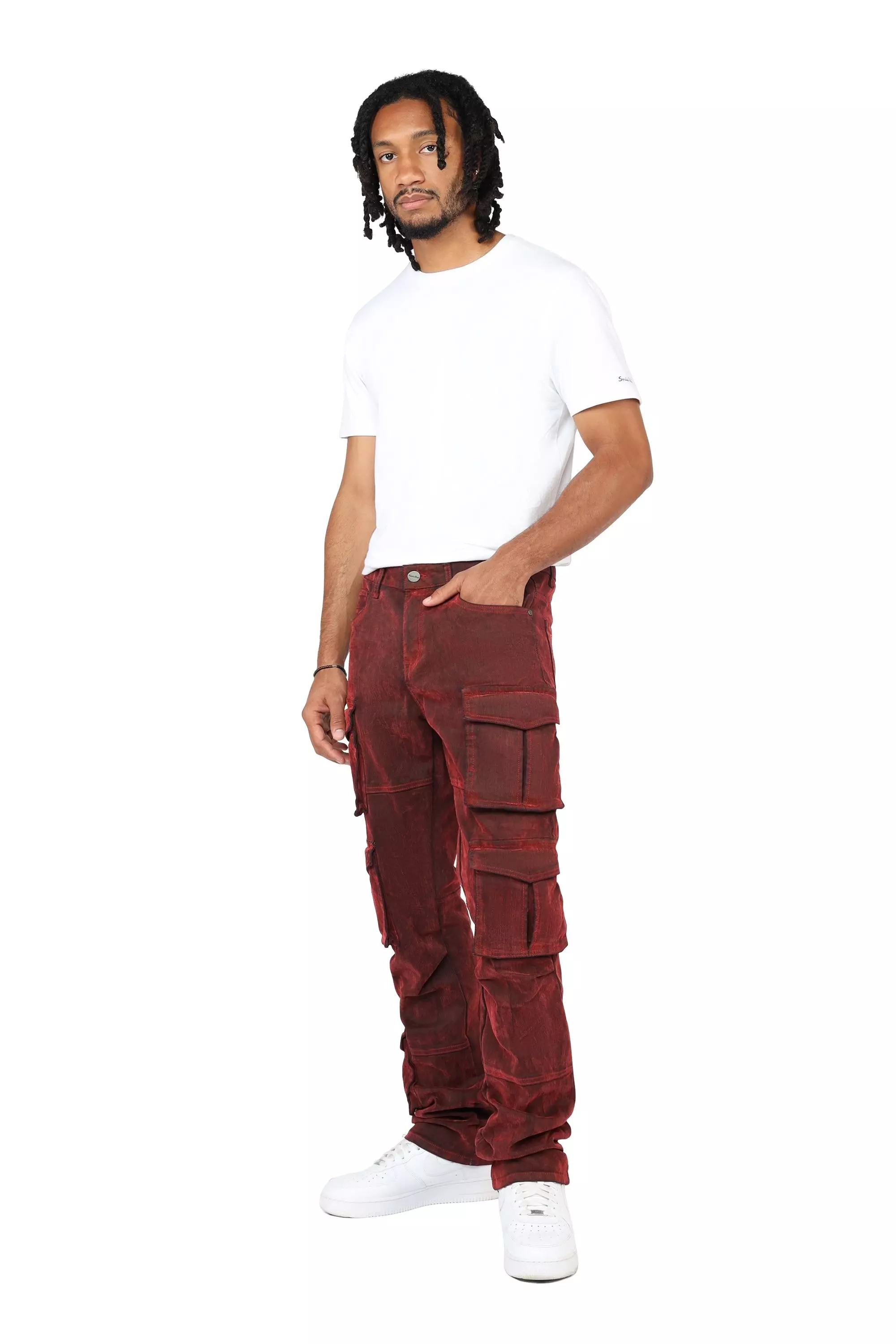 Smoke Rise Men's Straight Fit Flocked Cargo Pants - Red - RED