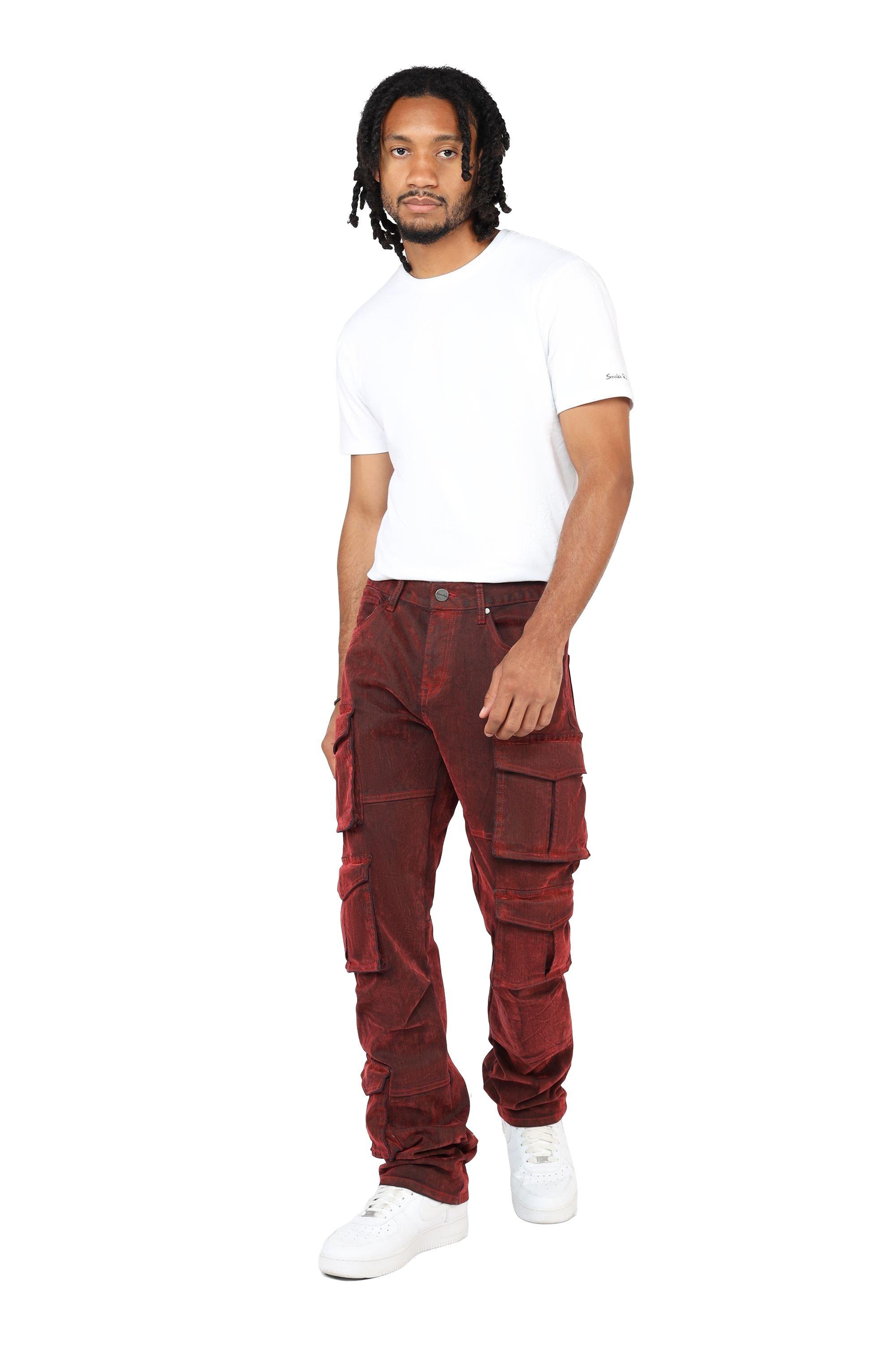 Smoke Rise Men's Straight Fit Flocked Cargo Pants - Red
