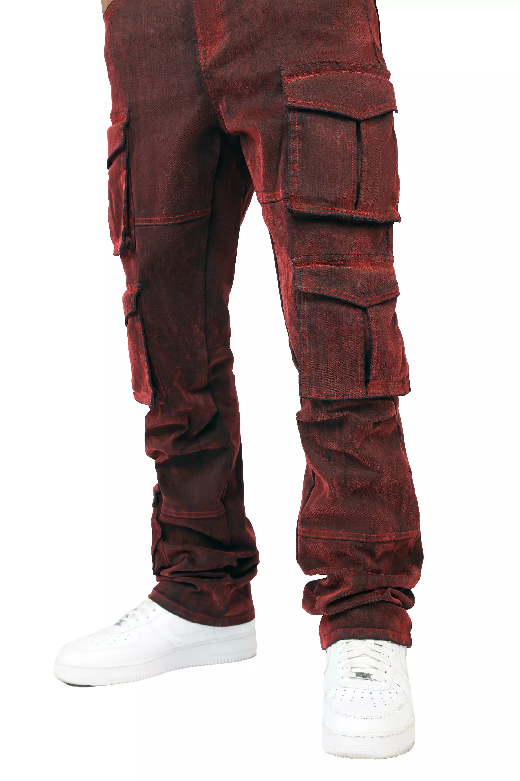 Smoke Rise Men's Straight Fit Flocked Cargo Pants - Red - RED