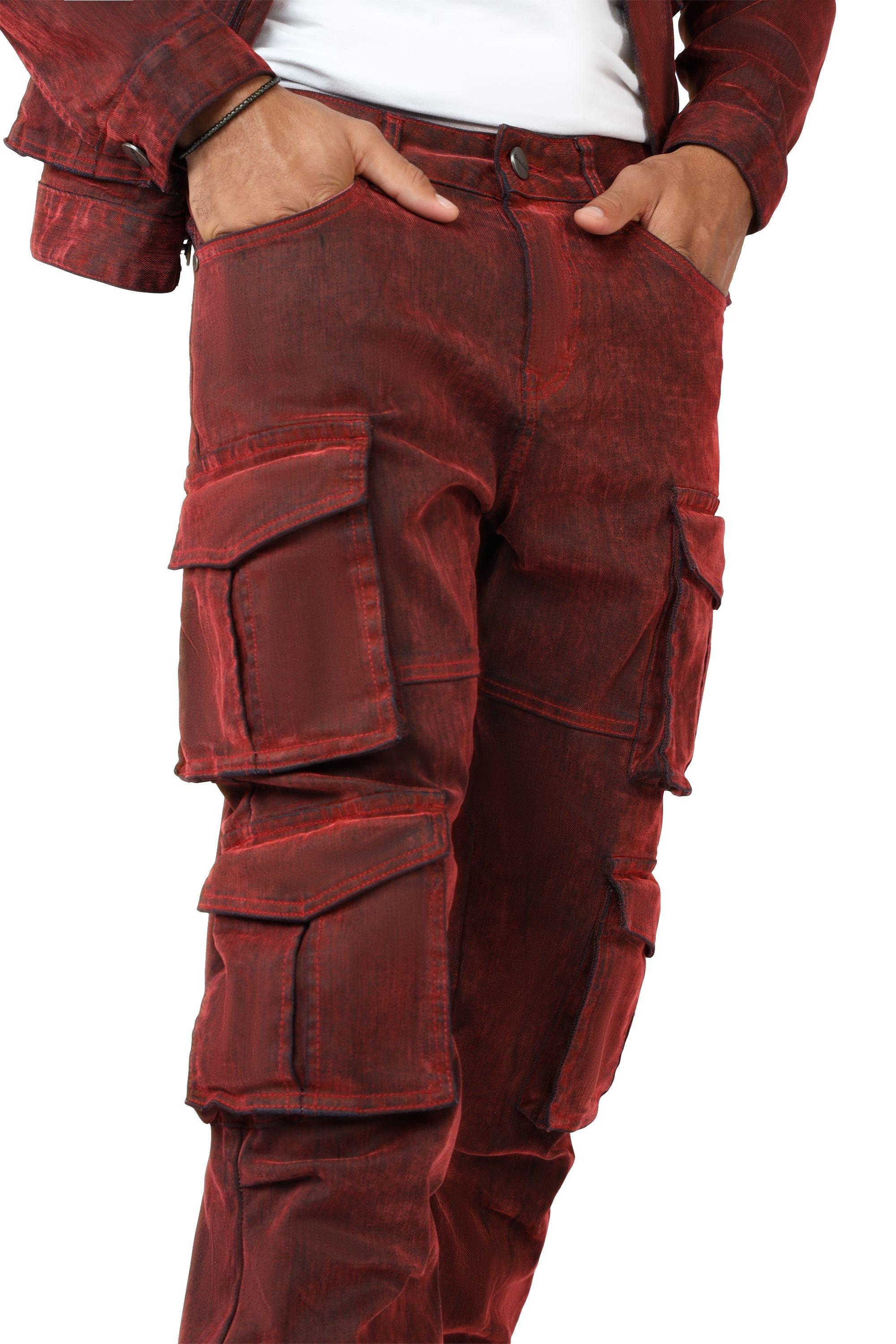 Smoke Rise Men's Straight Fit Flocked Cargo Pants - Red - RED Thumbnail View 8