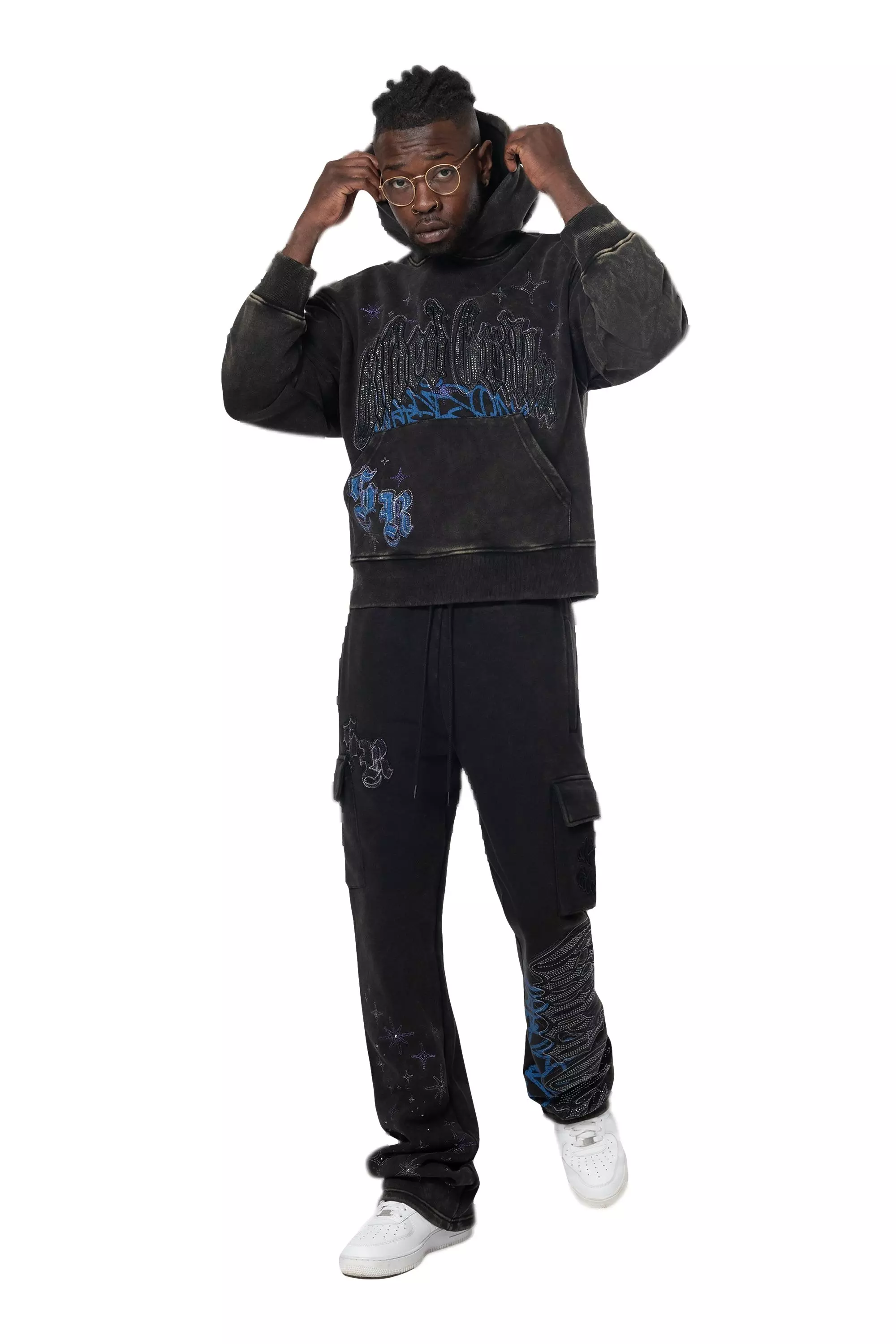 Smoke Rise Men's Rhinestone Grill Hoodie - Black - BLACK