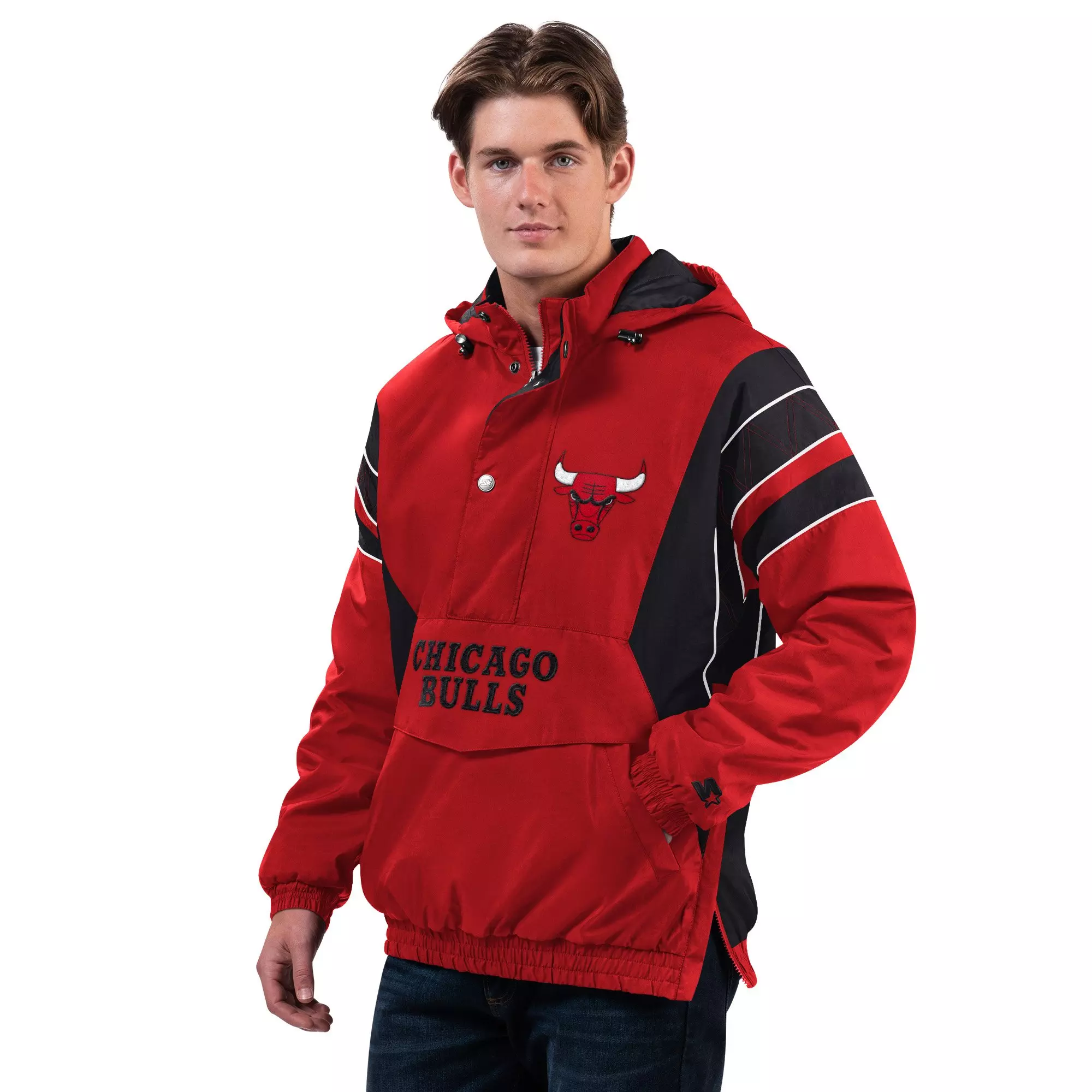 Starter Men's Chicago Bulls Half-Zip Pullover Hooded Jacket-Red/Black - RED/BLACK