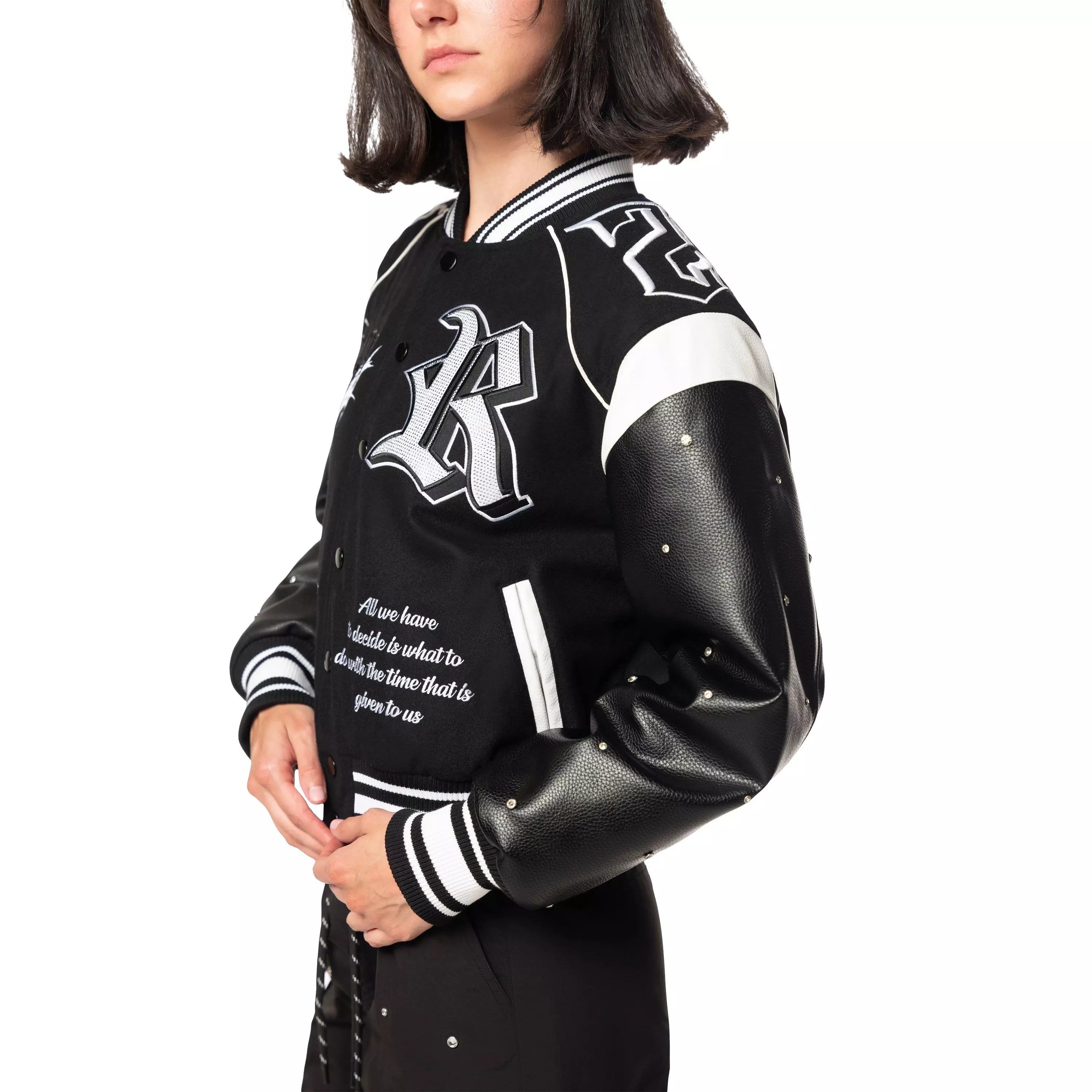 Grindhouse Women's Rhinestone Varsity Jacket - Black - BLACK