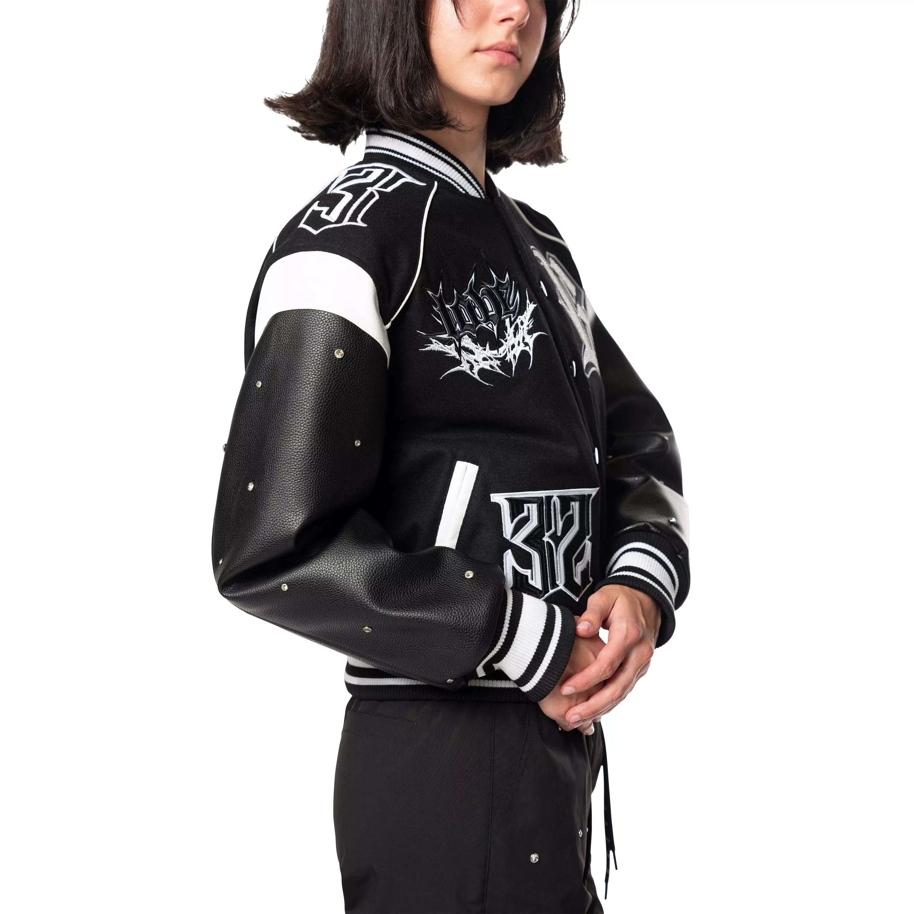 Grindhouse Women's Rhinestone Varsity Jacket - Black - BLACK