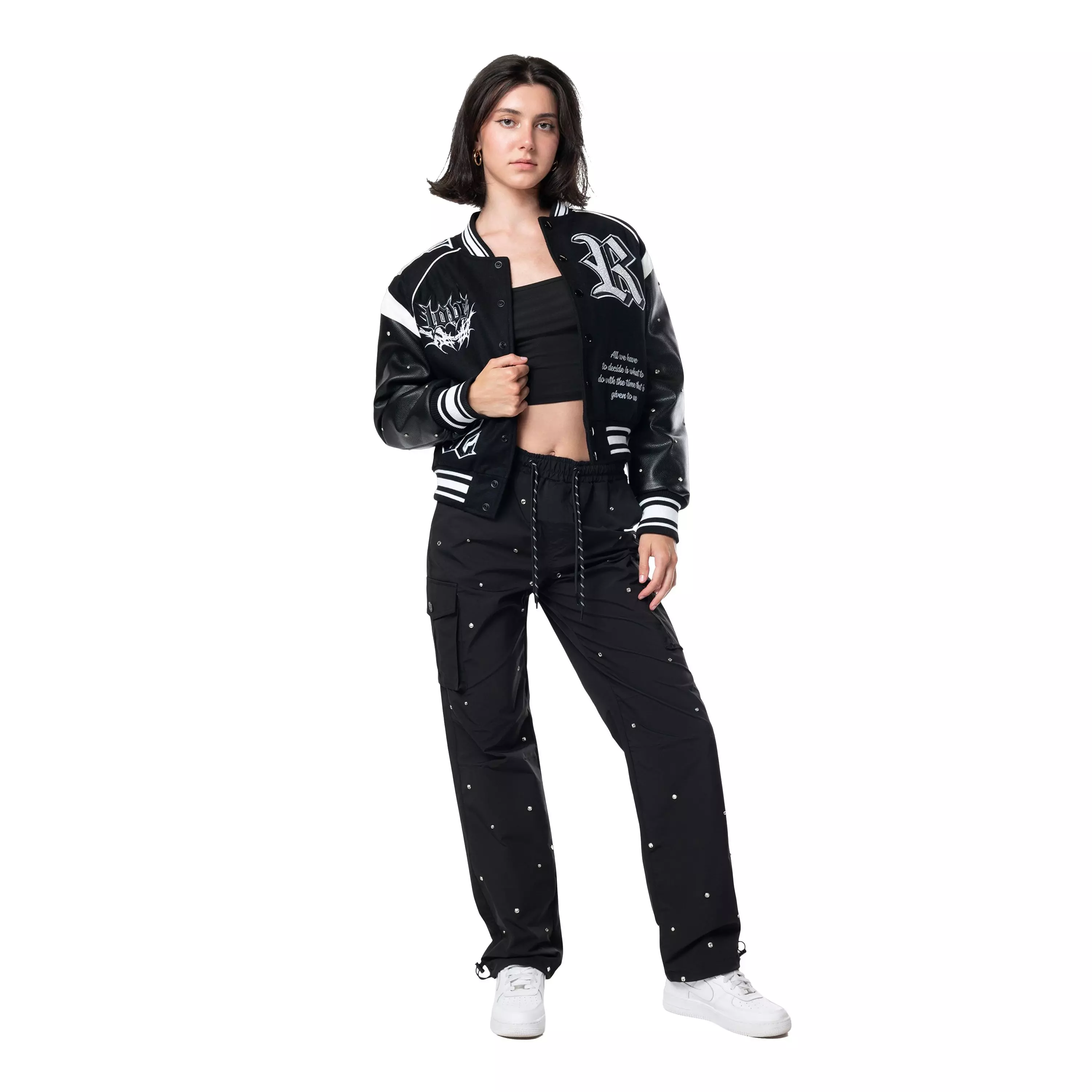 Grindhouse Women's Rhinestone Varsity Jacket - Black - BLACK
