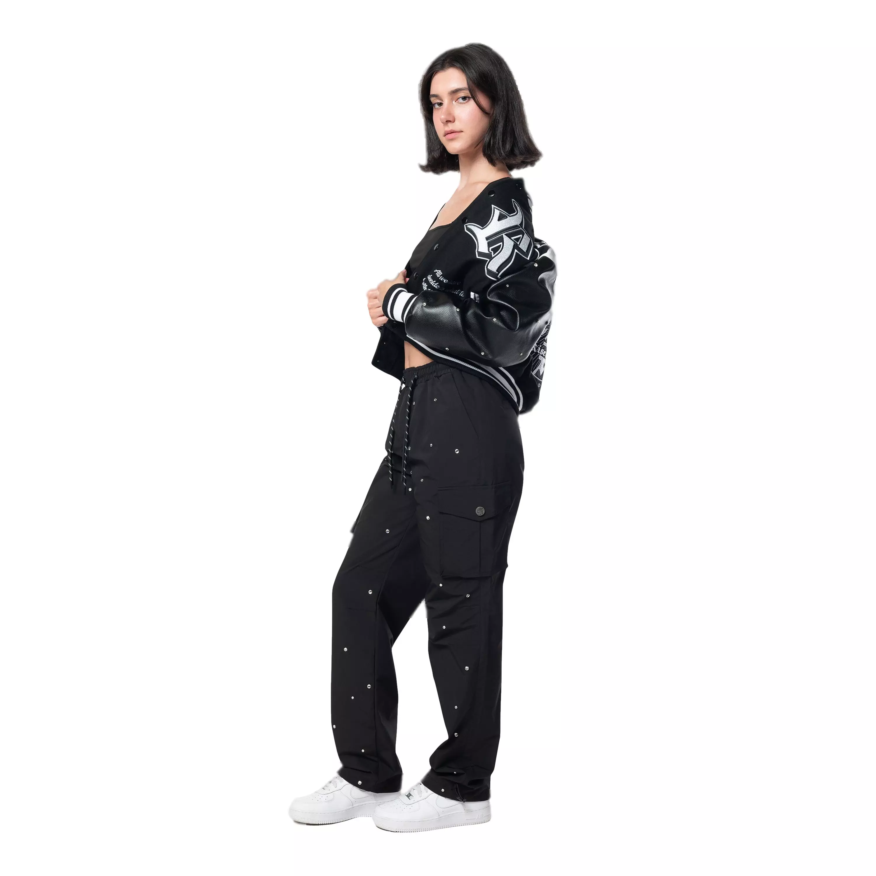 Grindhouse Women's Rhinestone Varsity Jacket - Black - BLACK
