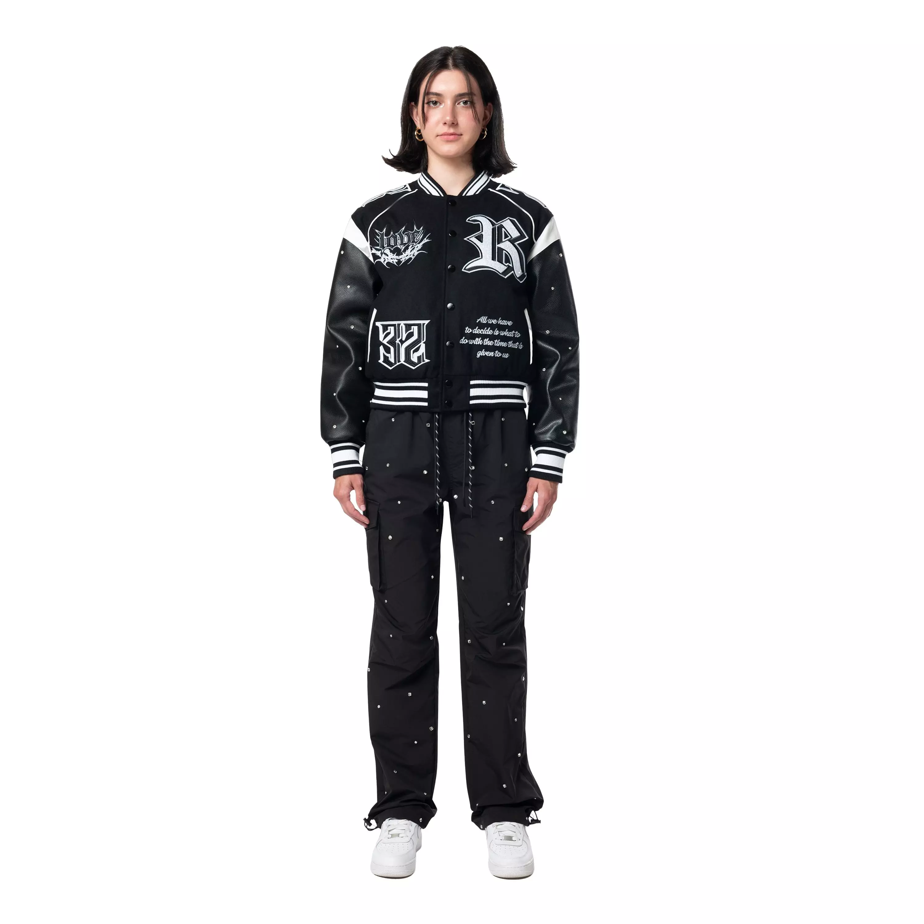 Grindhouse Women's Rhinestone Varsity Jacket - Black - BLACK