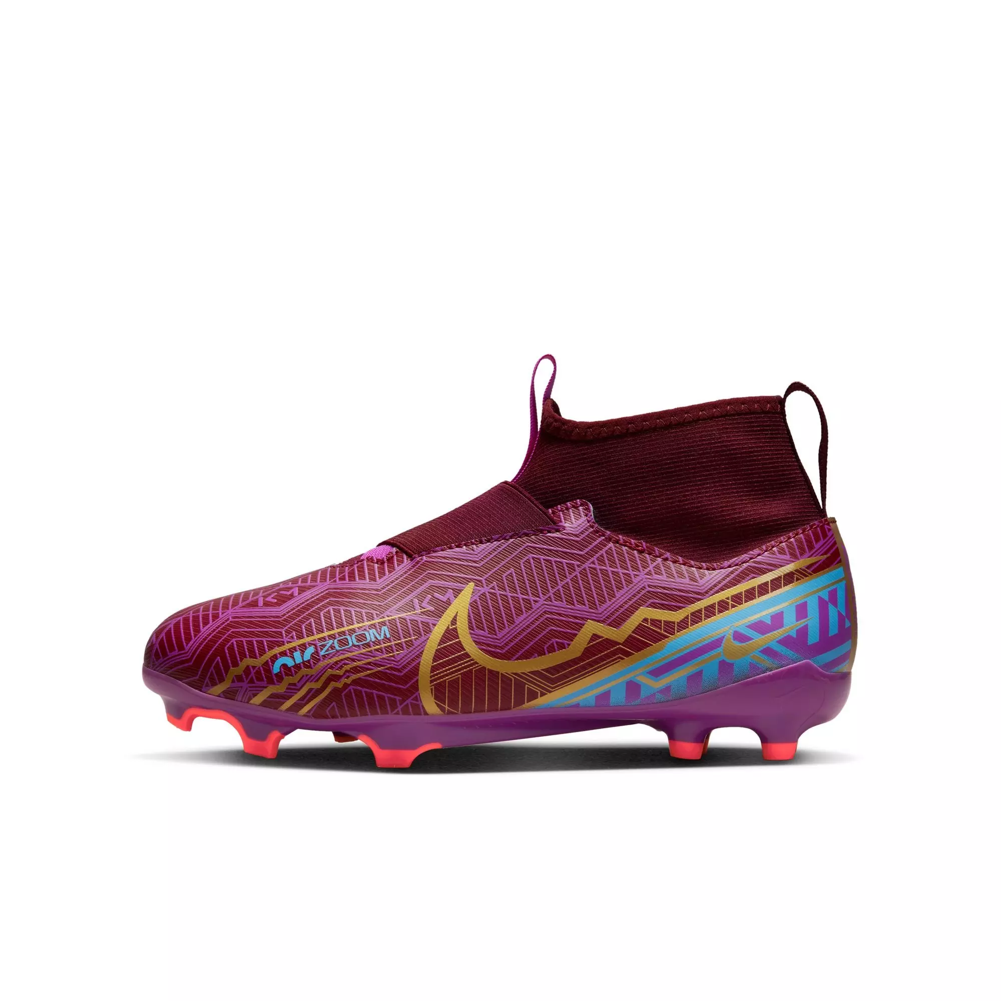 Nike JR Zoom Superfly 9 Academy KM FG/MG "Dark Beetroot/Metallic Vivid Gold" Grade School Kids' Soccer Cleat - RED/GOLD