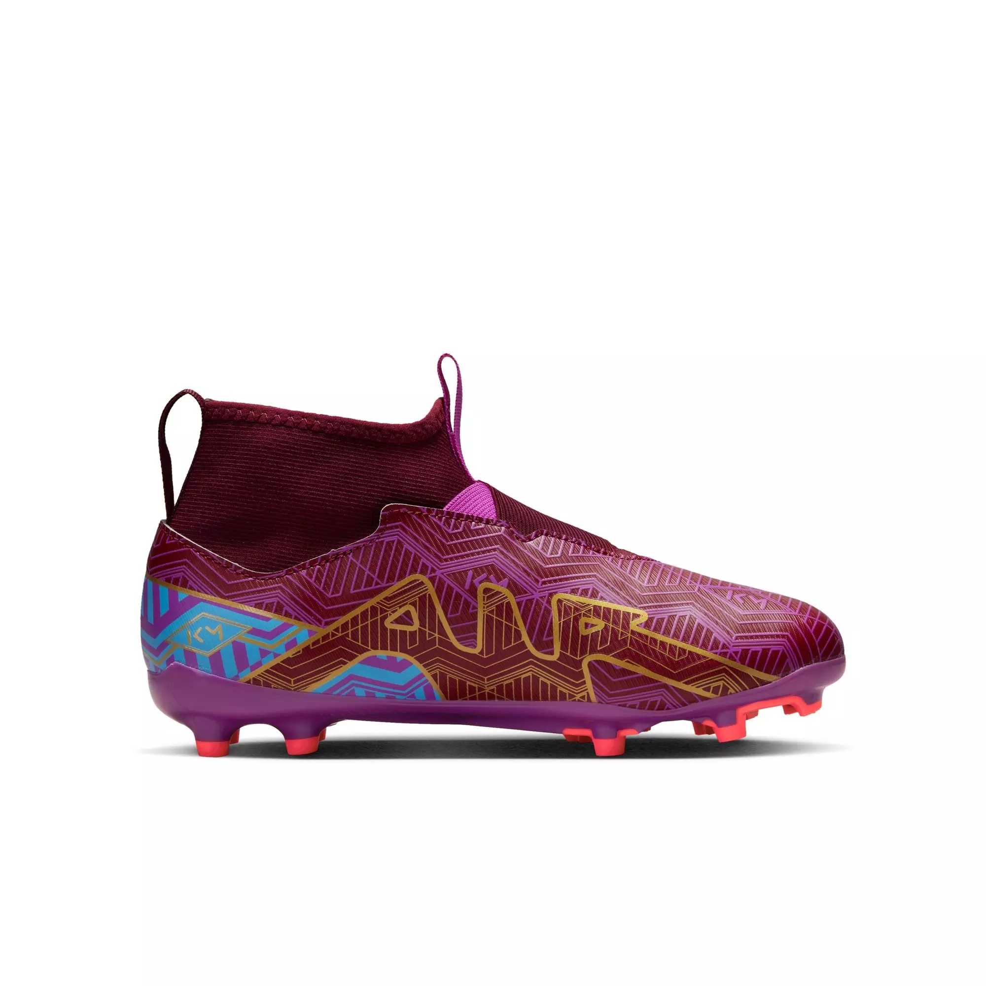 Nike JR Zoom Superfly 9 Academy KM FG/MG "Dark Beetroot/Metallic Vivid Gold" Grade School Kids' Soccer Cleat - RED/GOLD