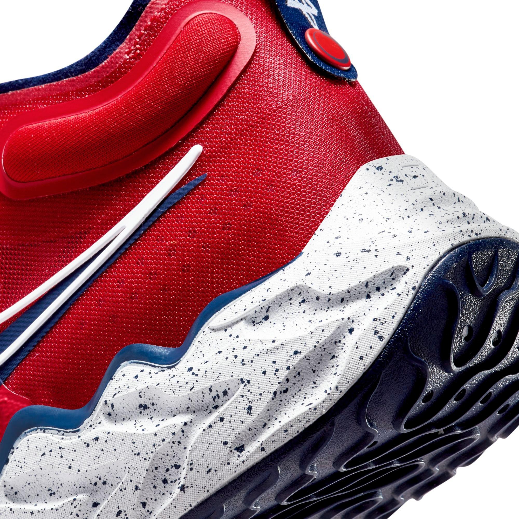 Red and blue store basketball shoes