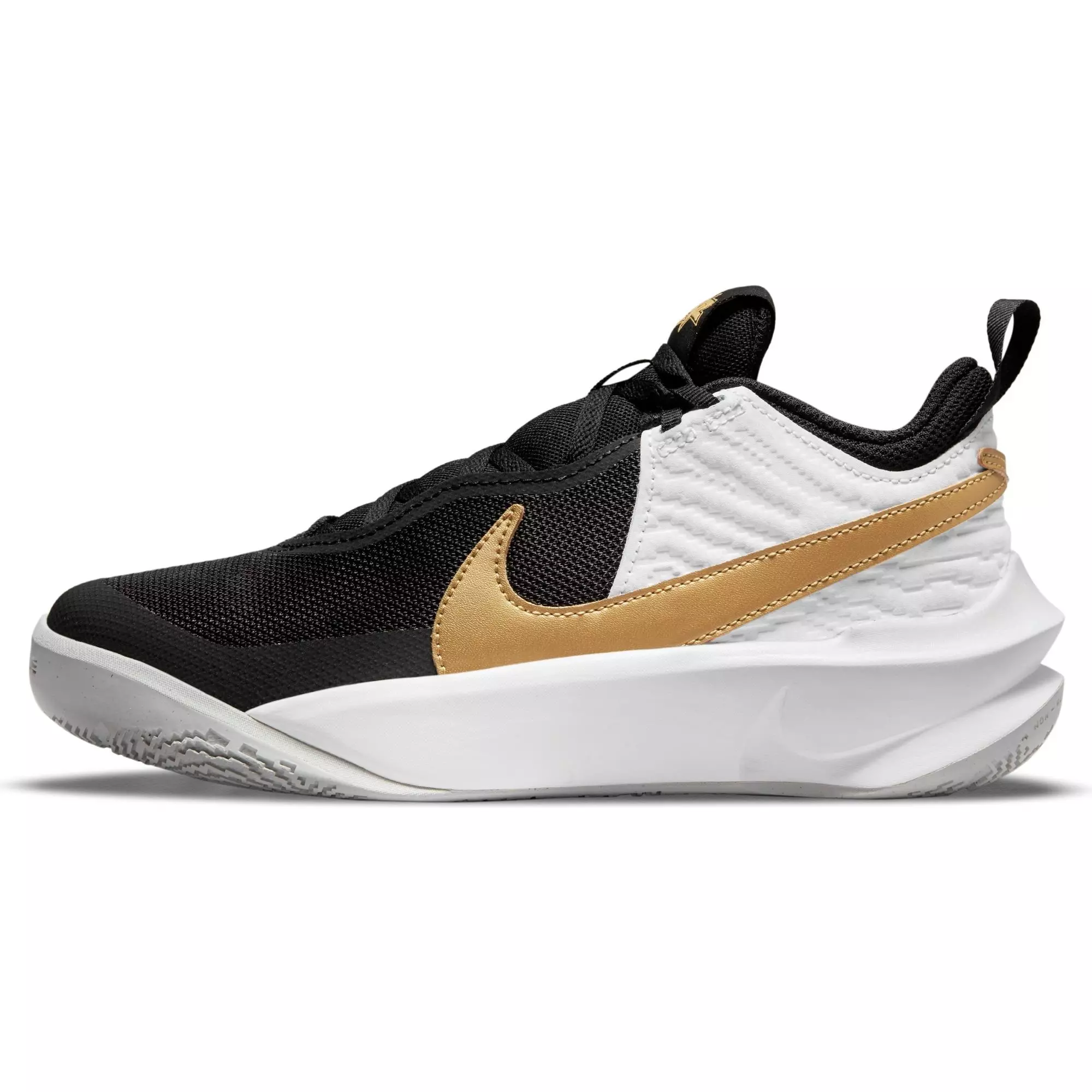 Nike Team Hustle D 10 "Black/Metallic Gold/White" Grade School Boys' Basketball Shoe - BLACK/GOLD/WHITE