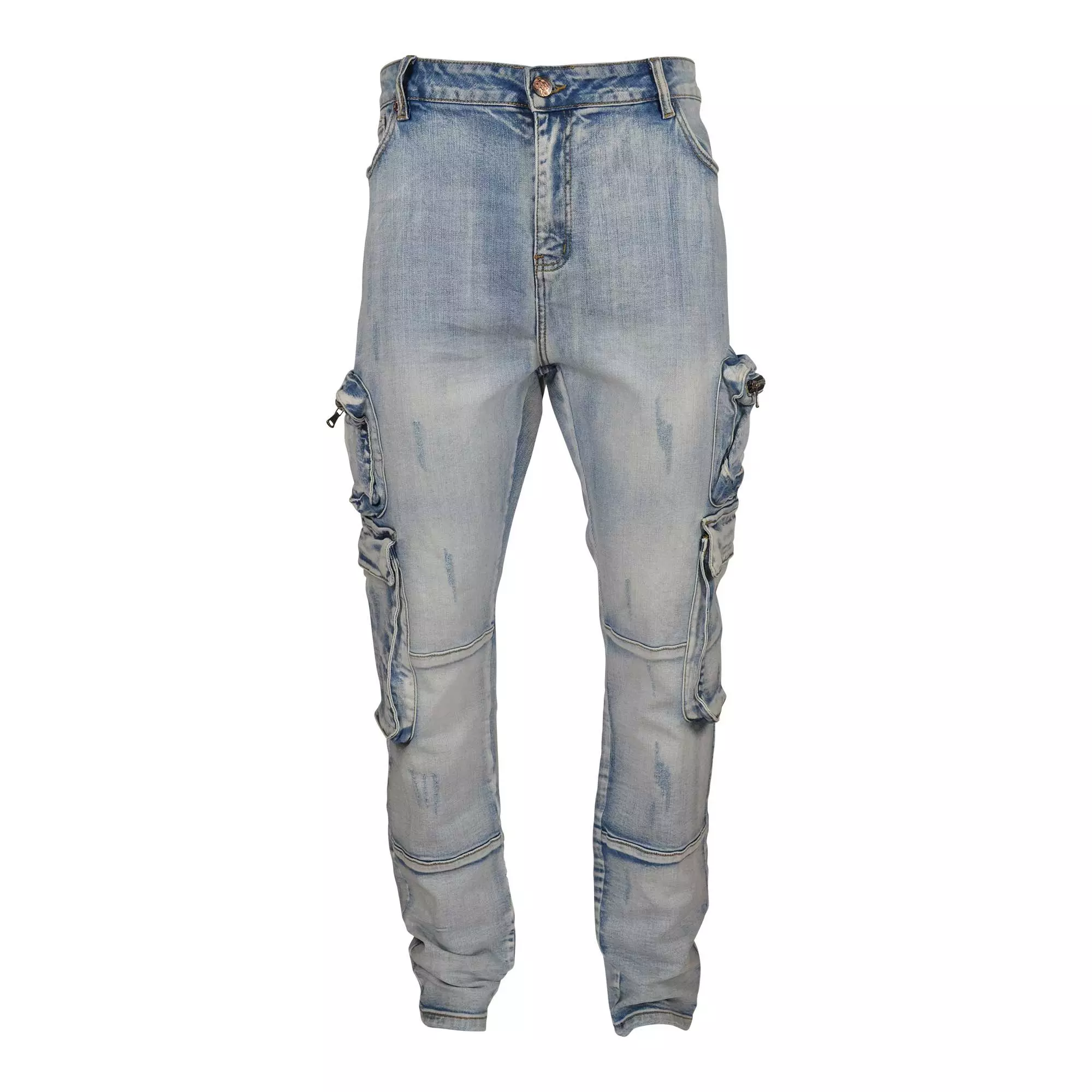 Grindhouse Men's Light Washed Slim Fit Pockets Cargo Jeans - BLUE