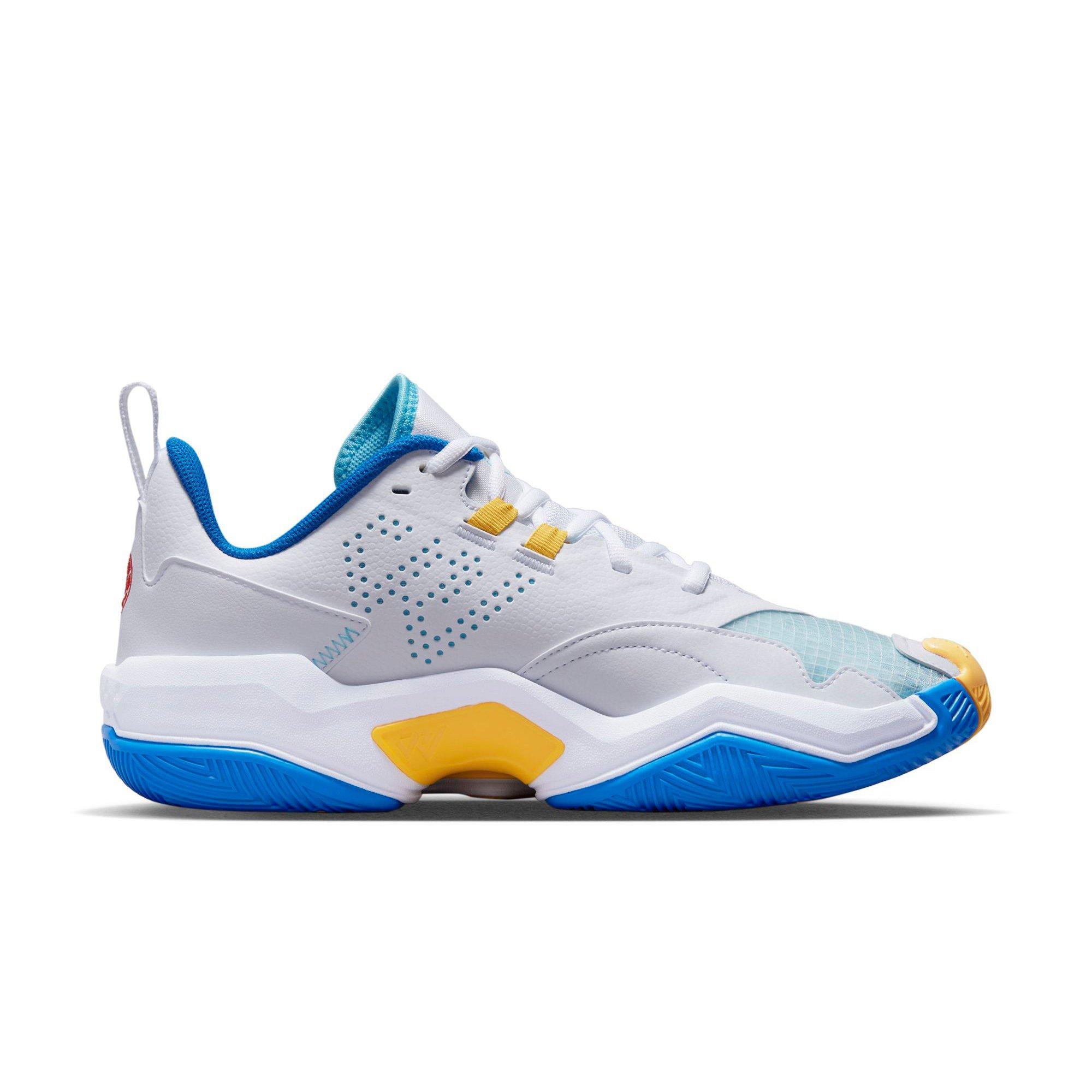 White blue outlet and yellow jordans