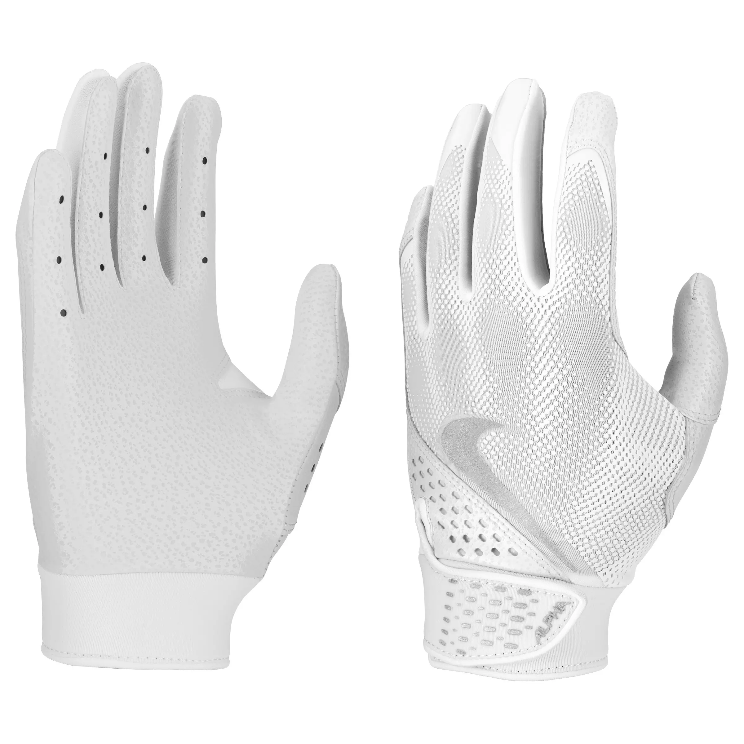 Nike Alpha Youth Baseball Batting Gloves - White/Silver - WHITE/SILVER