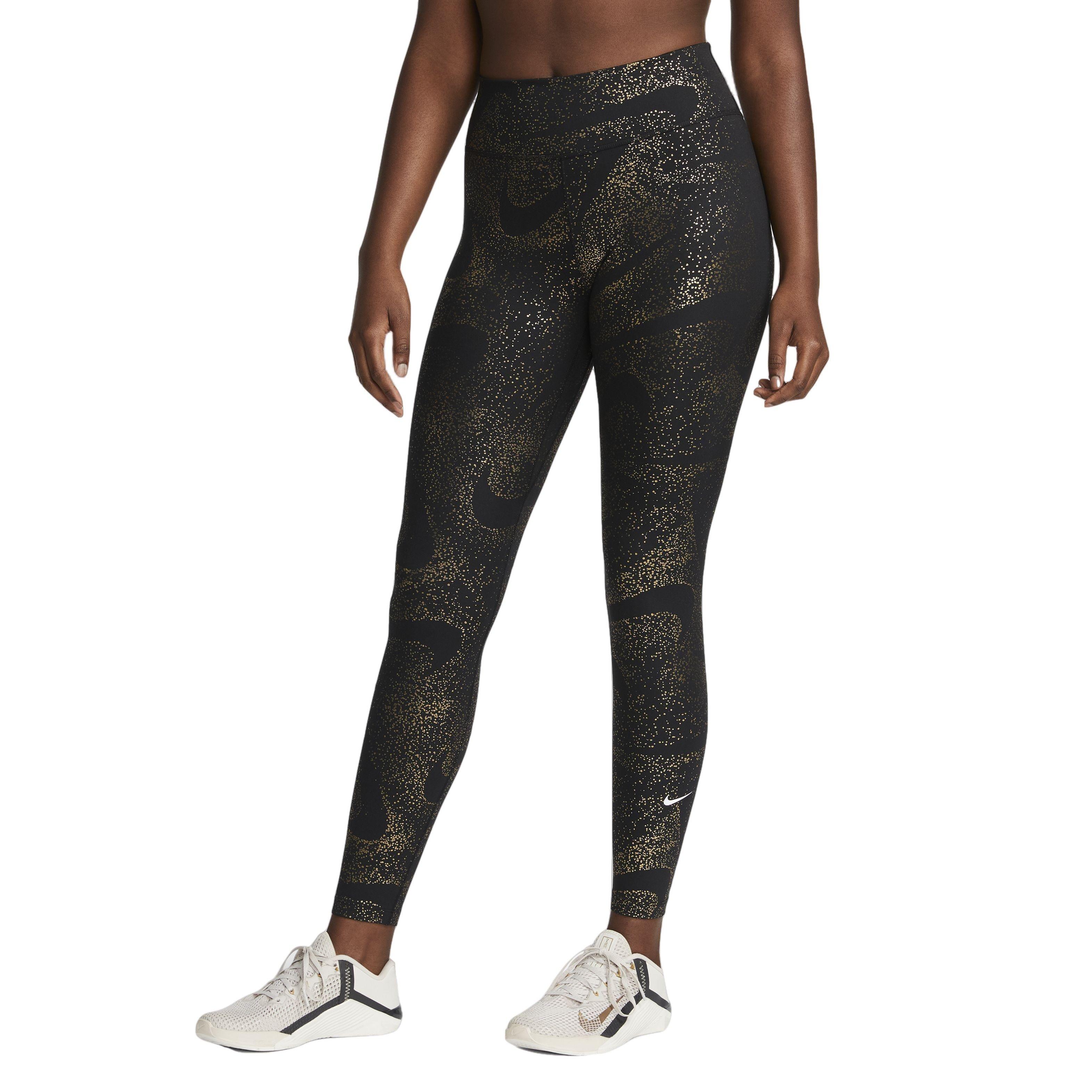 Nike Womens Black Gold One Dri-FIT Colorblocked Mid Rise Leggings