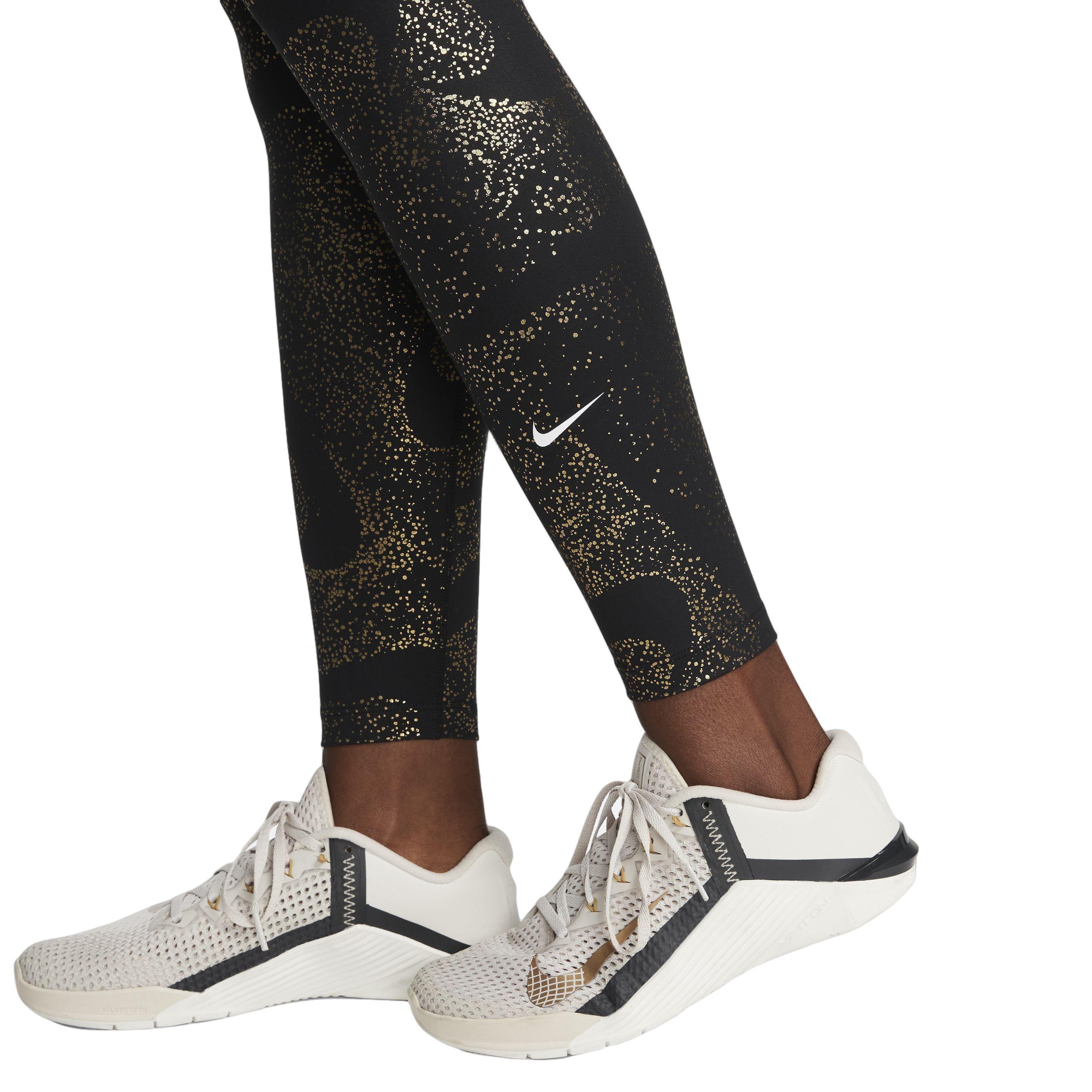 Nike Womens XS Leggings Black Gold Metallic Floral Mid Rise Running BV5769