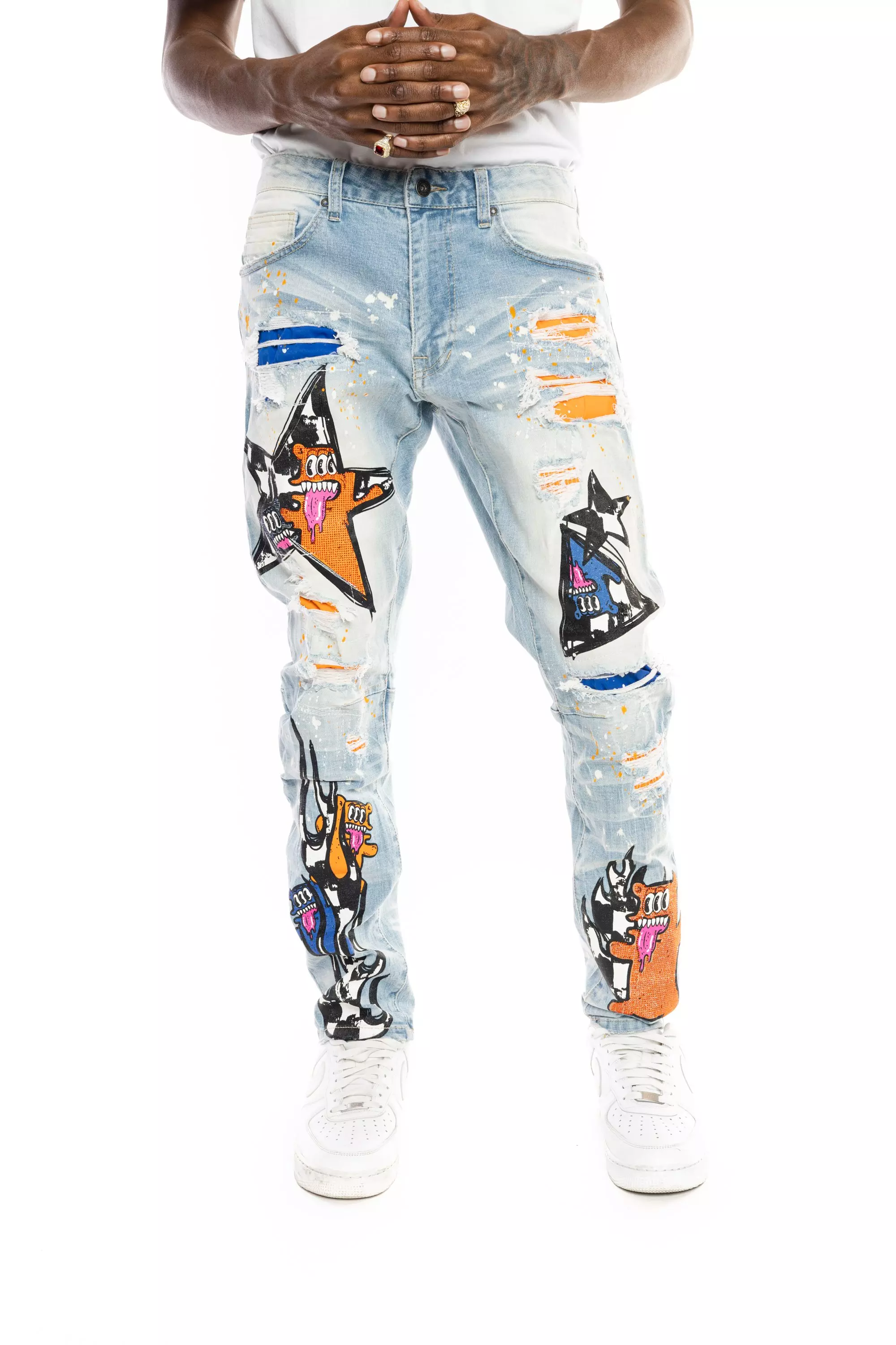 Smoke Rise Men's Blue Washed Slim Fit Speckle Pants-Blue - BLUE