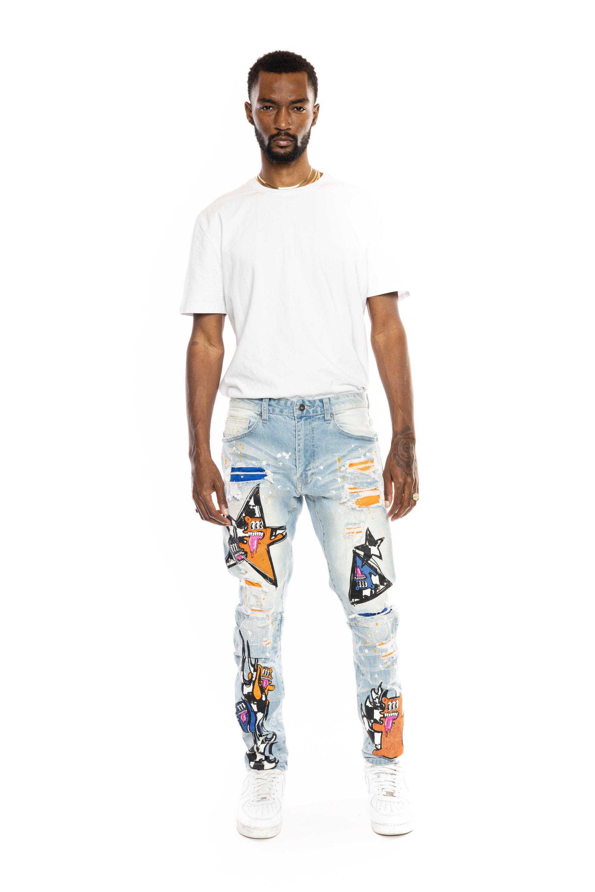 Smoke Rise Men's Blue Washed Slim Fit Speckle Pants-Blue - BLUE Thumbnail View 3