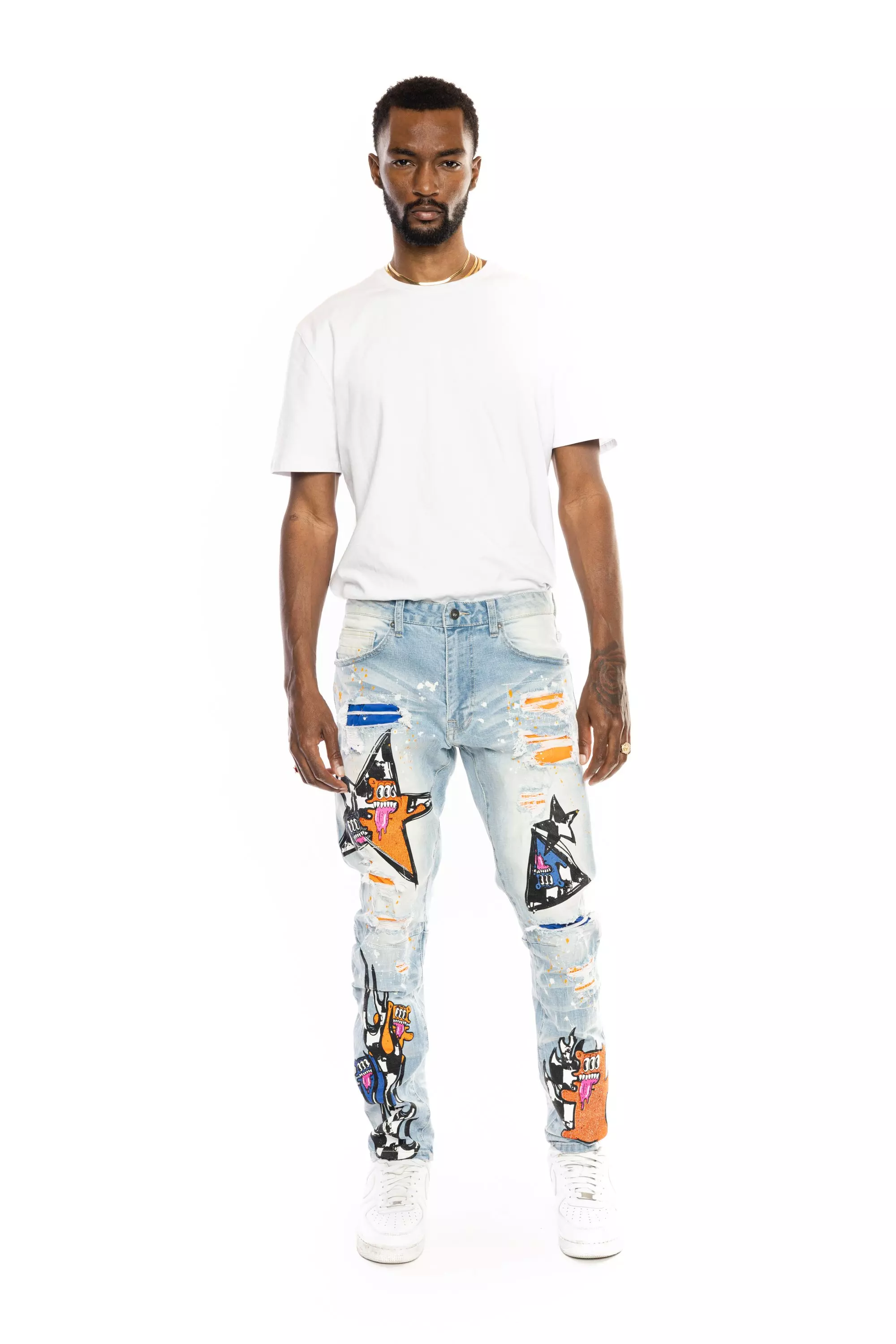 Smoke Rise Men's Blue Washed Slim Fit Speckle Pants-Blue - BLUE