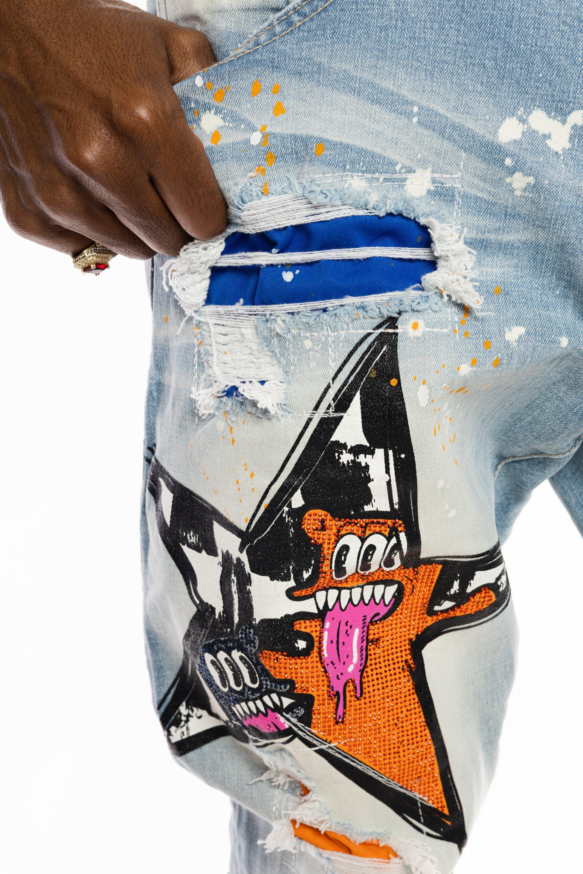 Smoke Rise Men's Blue Washed Slim Fit Speckle Pants-Blue - BLUE Thumbnail View 4