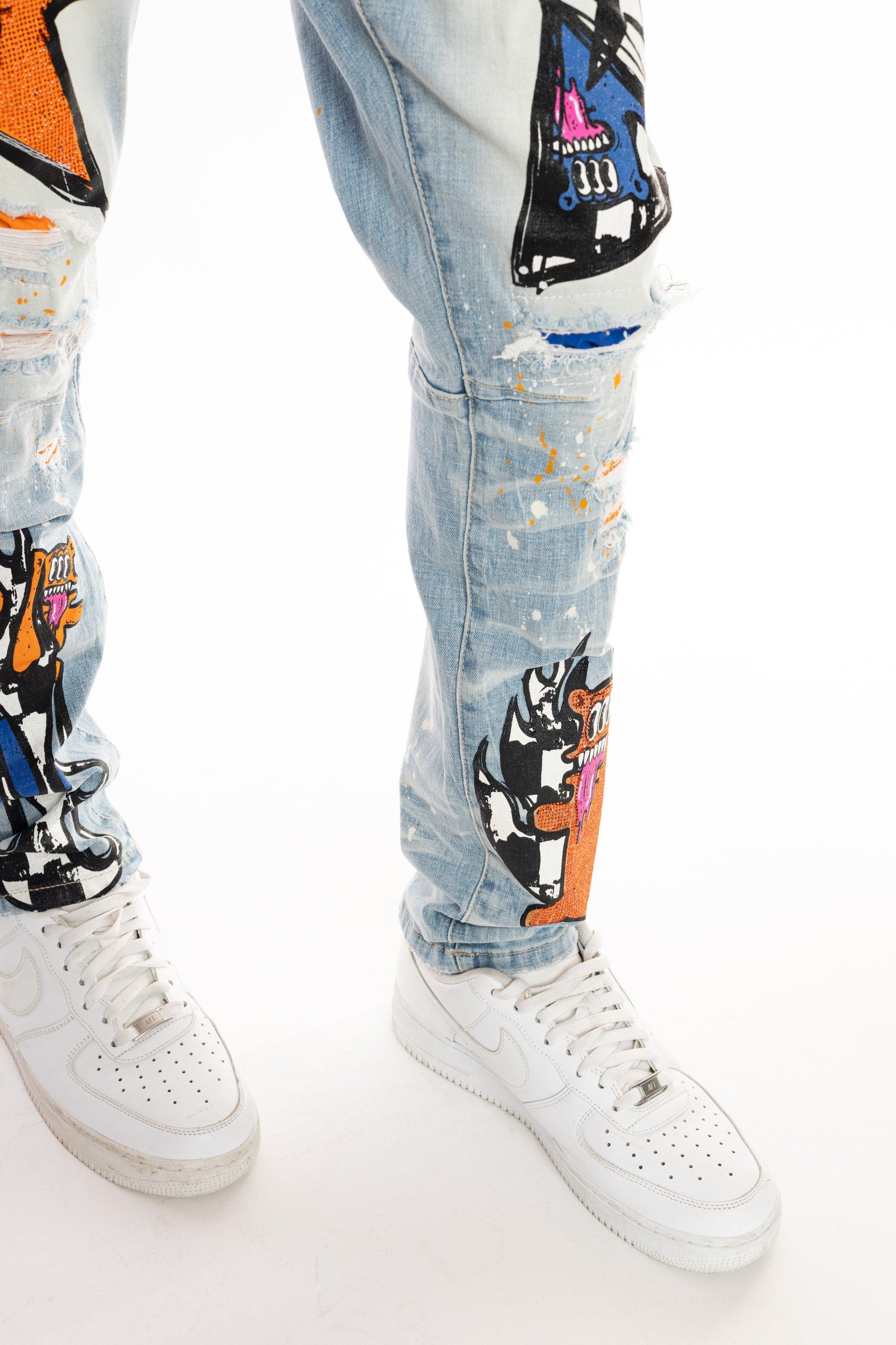 Smoke Rise Men's Blue Washed Slim Fit Speckle Pants-Blue - BLUE Thumbnail View 5