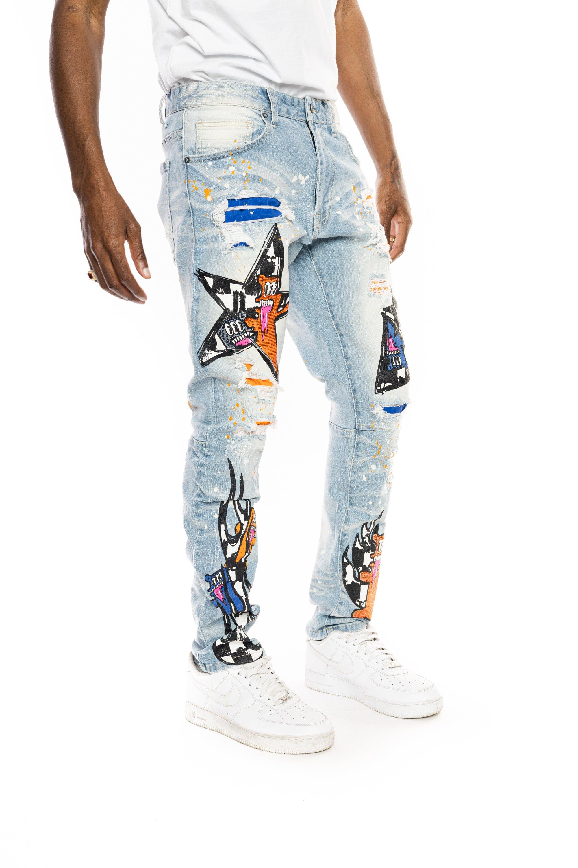 Smoke Rise Men's Blue Washed Slim Fit Speckle Pants-Blue - BLUE Thumbnail View 7