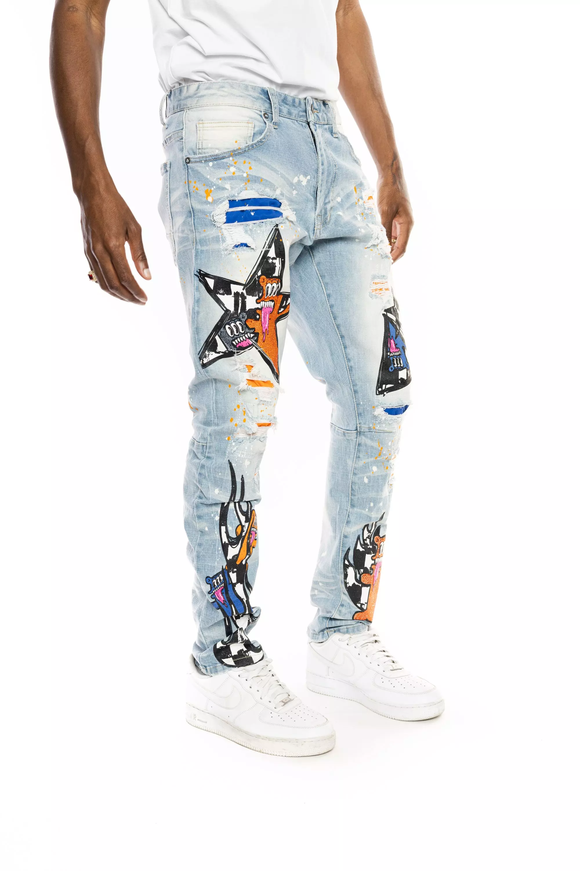 Smoke Rise Men's Blue Washed Slim Fit Speckle Pants-Blue - BLUE