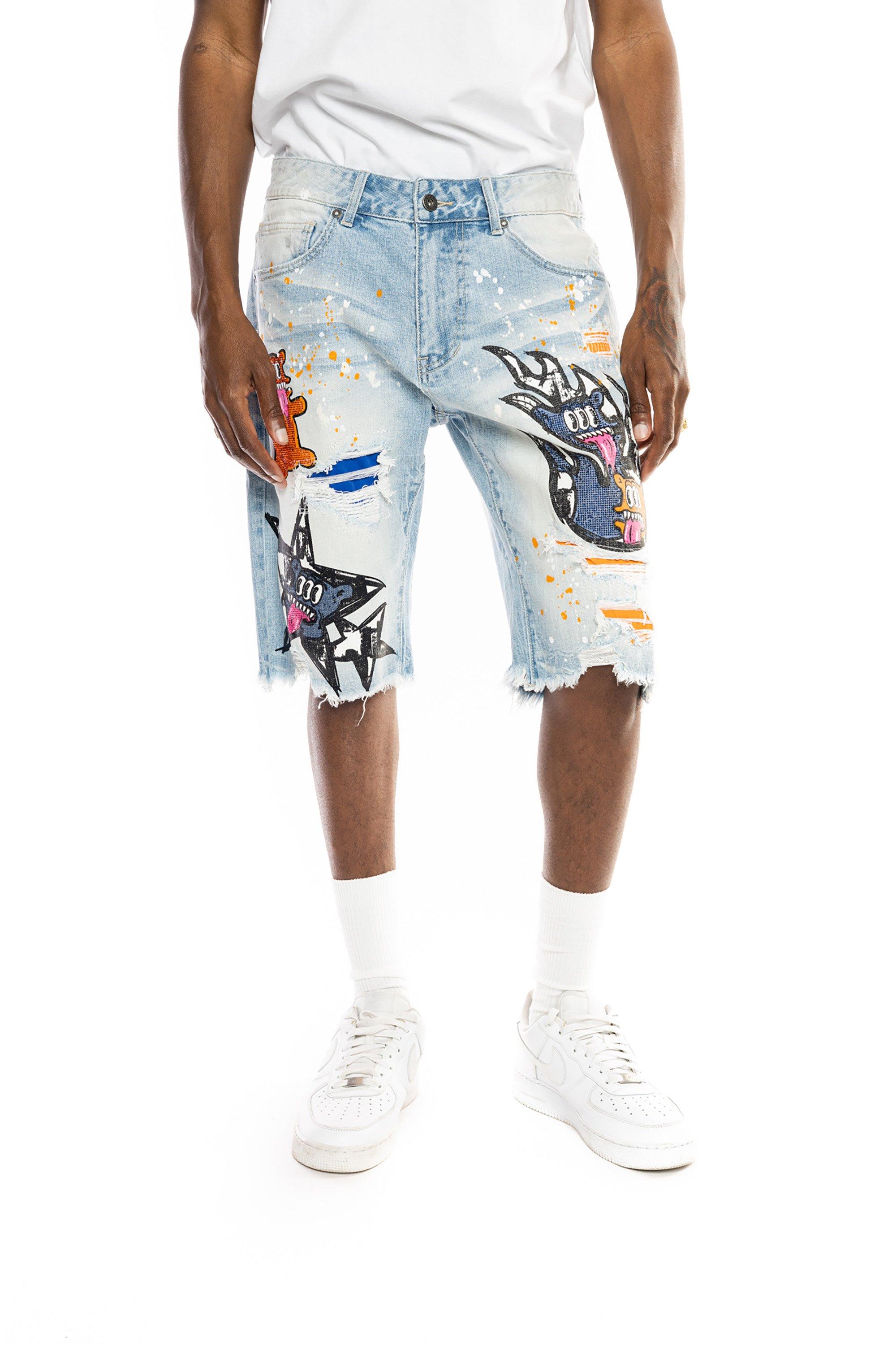 Smoke Rise Men's Speckle Blue Slim Fit Denim Shorts - BLUE Thumbnail View 1