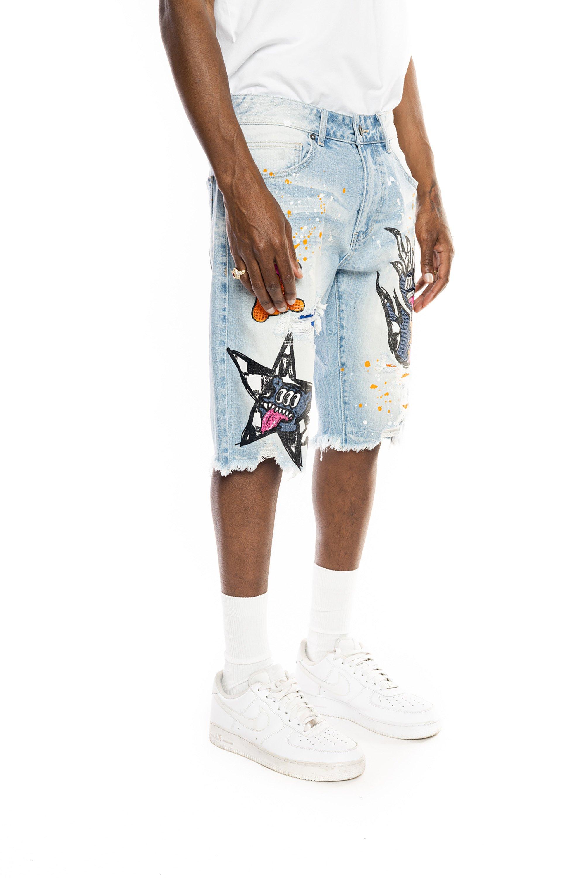 Smoke Rise Men's Speckle Blue Slim Fit Denim Shorts - BLUE Thumbnail View 3