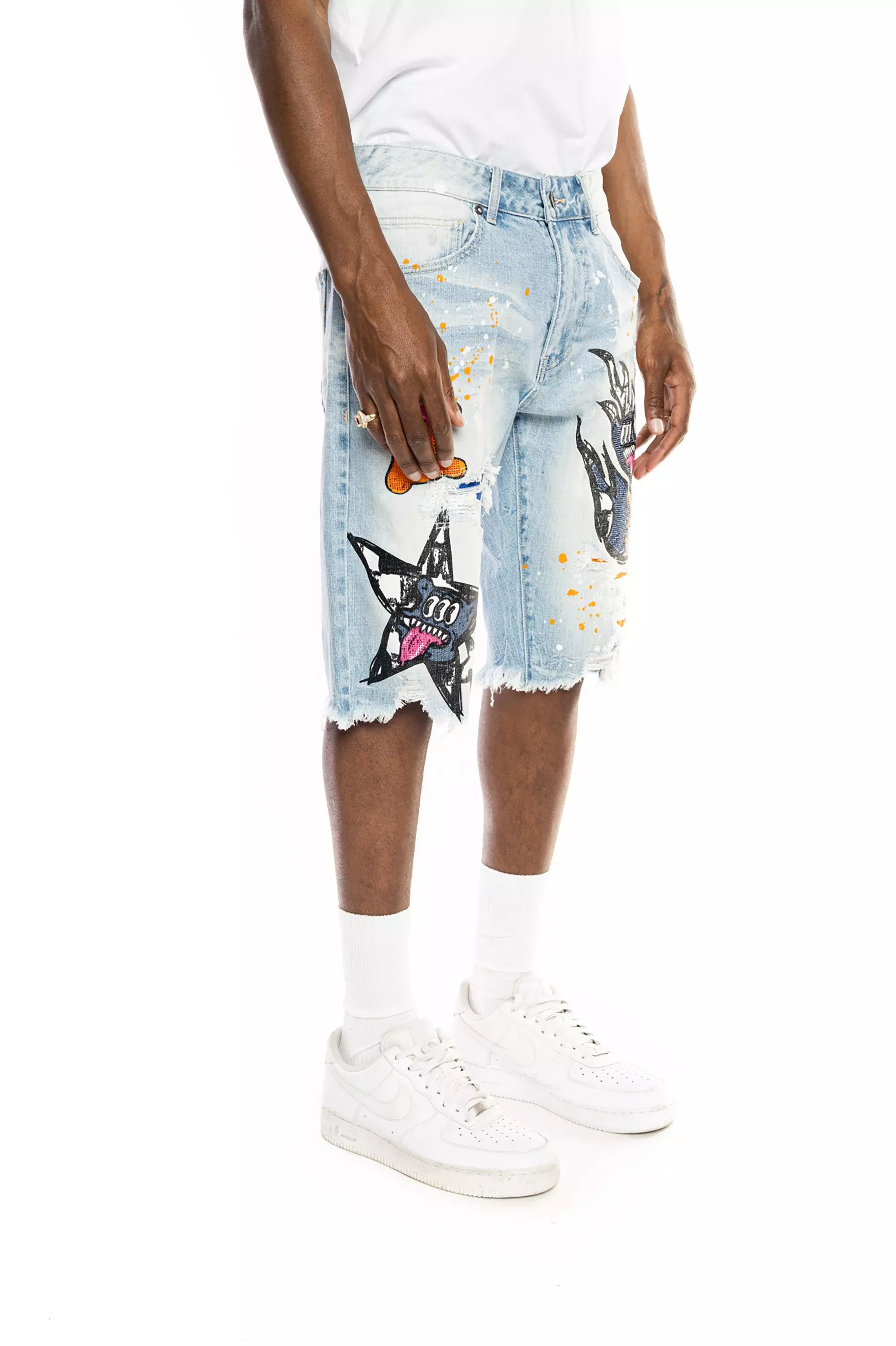 Smoke Rise Men's Speckle Blue Slim Fit Denim Shorts - BLUE