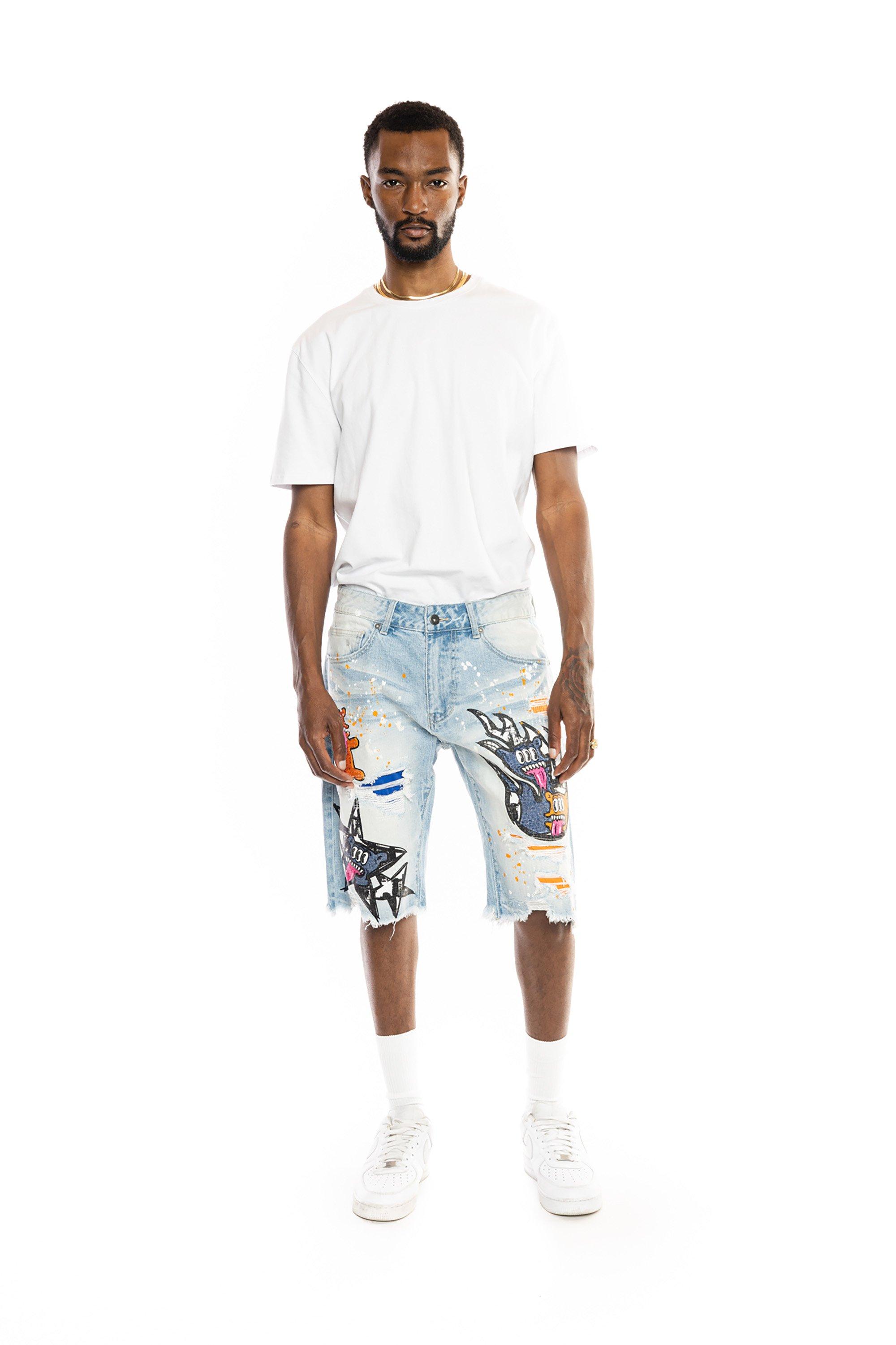 Smoke Rise Men's Speckle Blue Slim Fit Denim Shorts - BLUE Thumbnail View 4