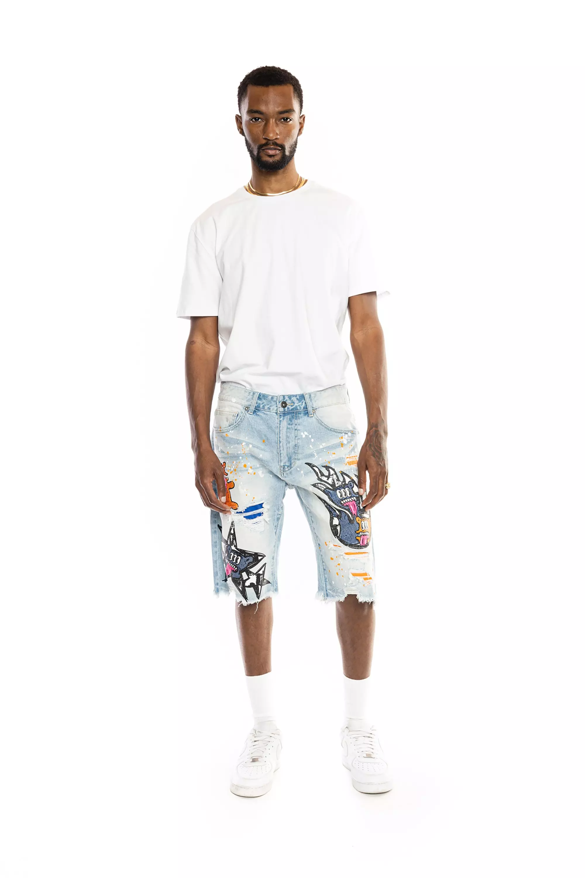 Smoke Rise Men's Speckle Blue Slim Fit Denim Shorts - BLUE