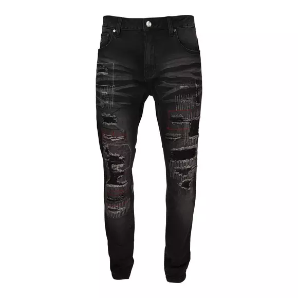 Grindhouse Men's Black Wash with Red Rips and Stitch Slim Fit Jeans ...